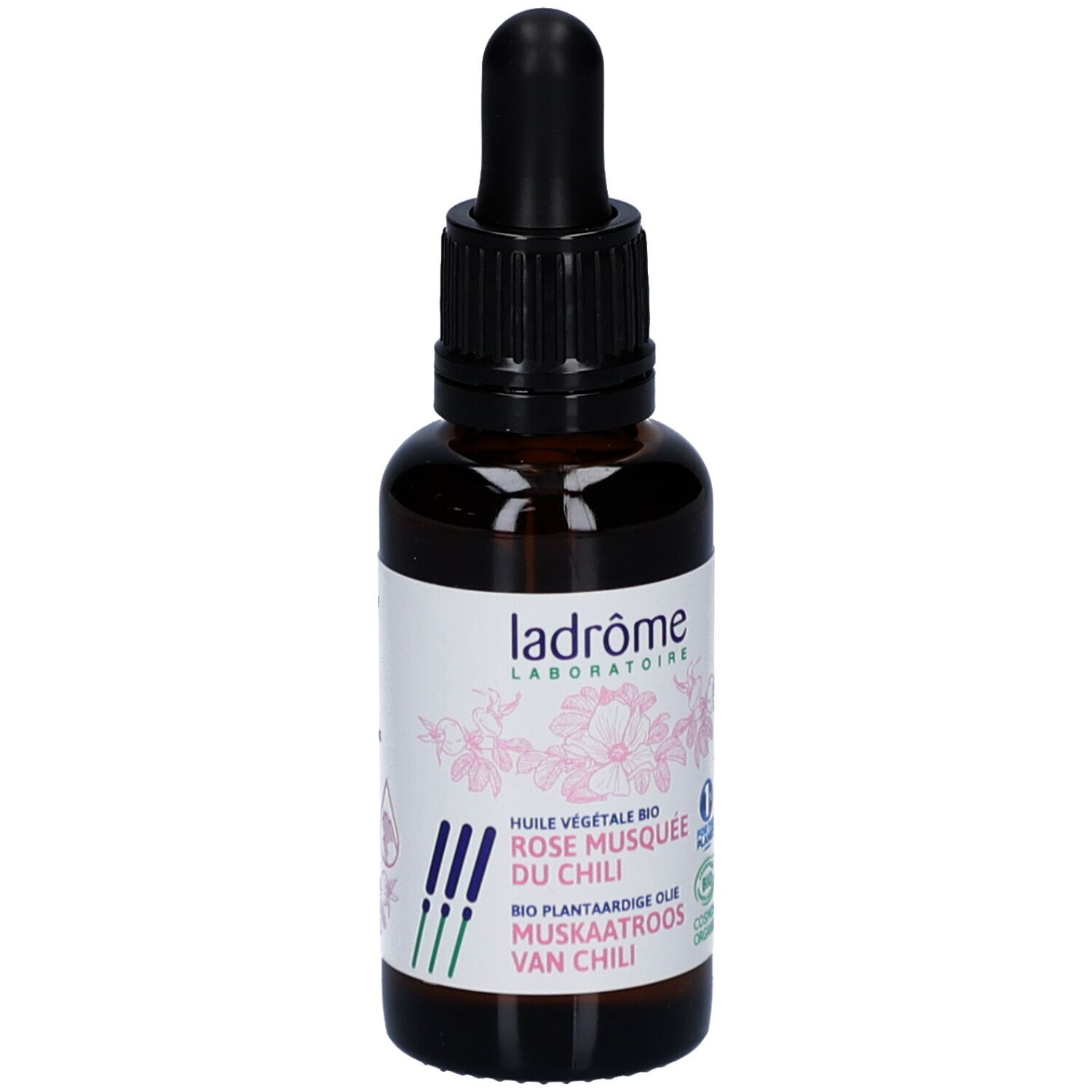 Bruine glazen fles met zwarte dop en pipet. Etiket met tekst en logo.