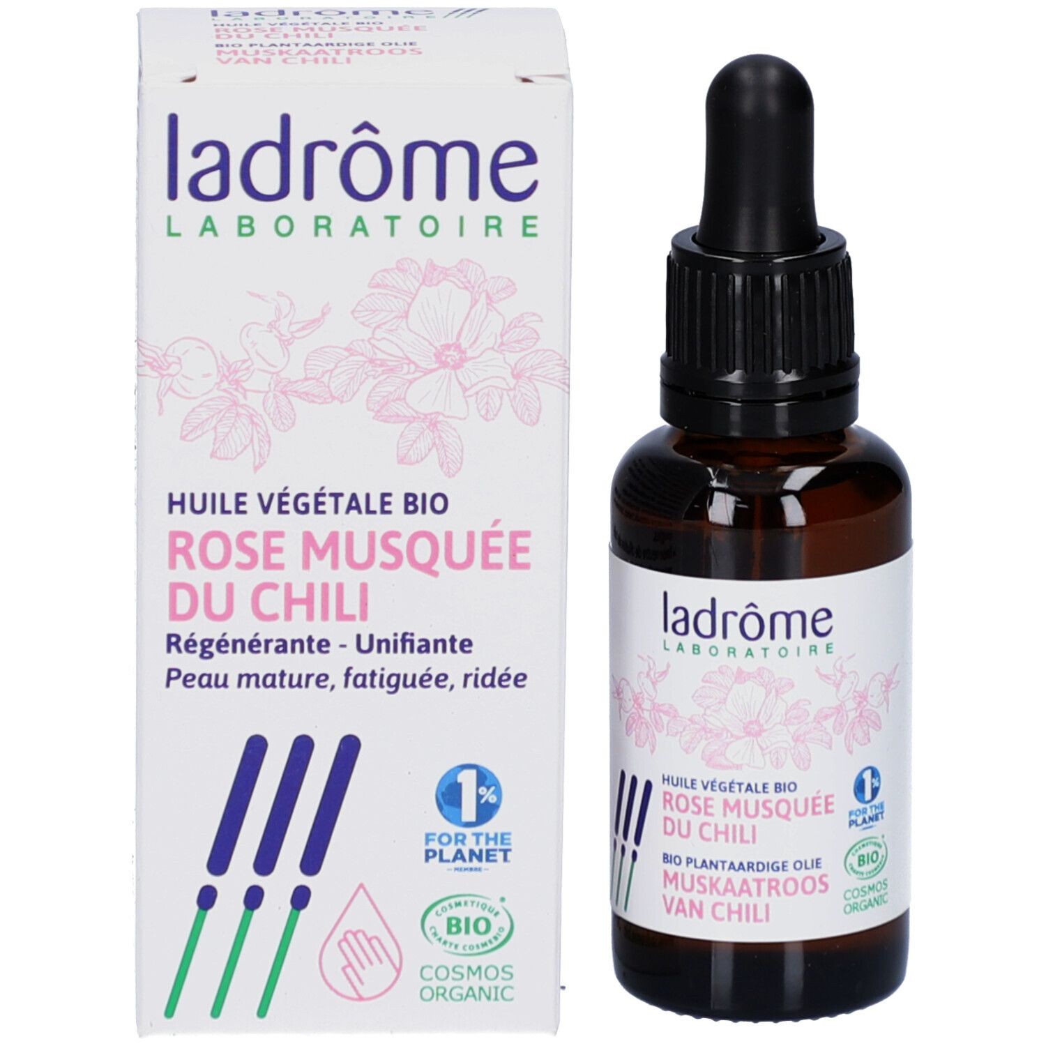 Productfles en verpakking. Bruine fles met zwarte dop en pipet. Witte verpakking.