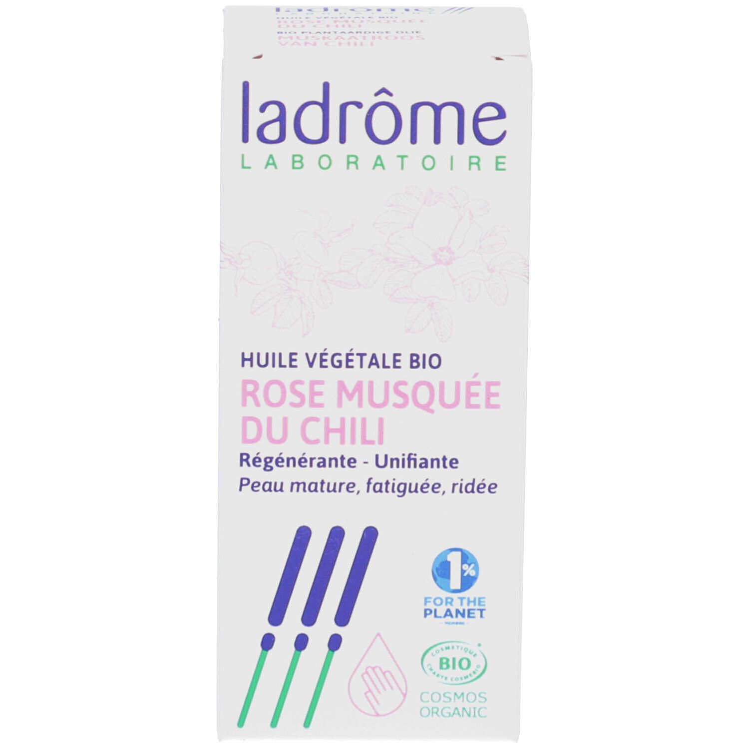 Witte verpakking met tekst en logo. Productnaam en certificeringen.