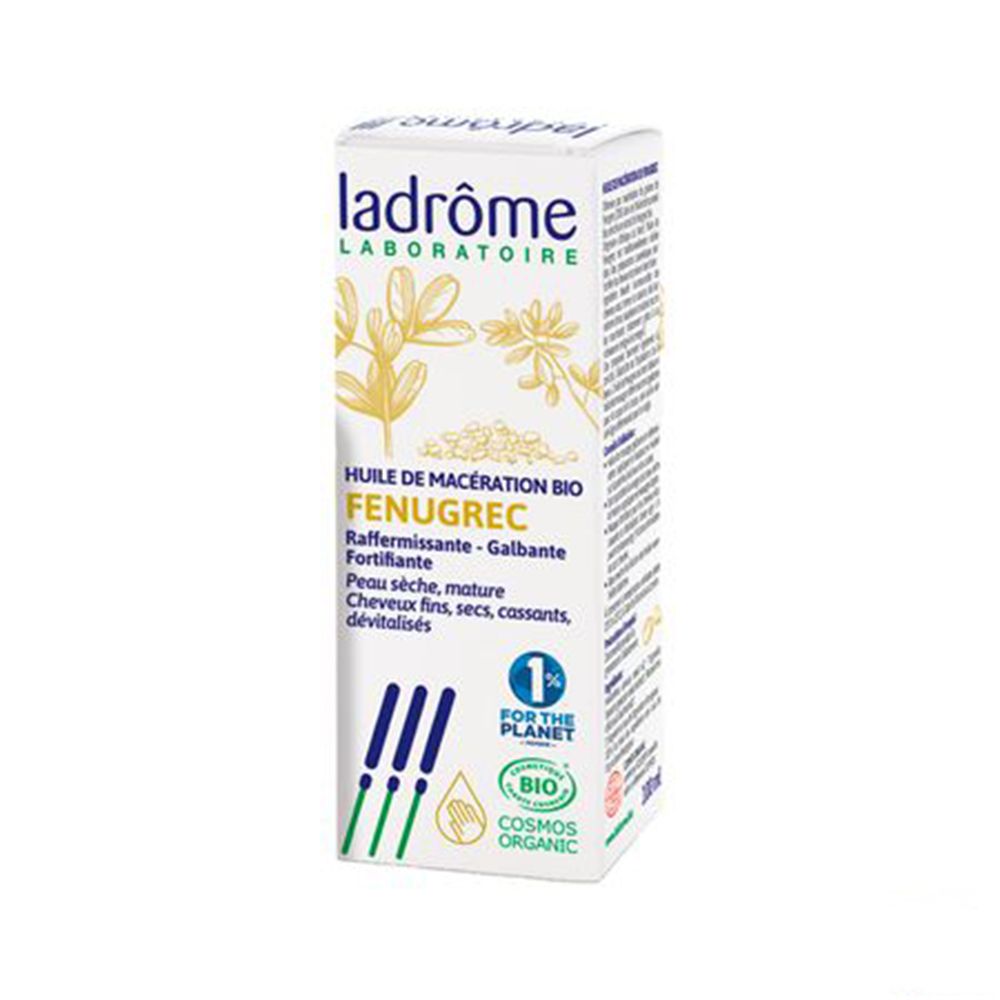 Witte productverpakking met tekst en logo. Bio-certificering. 1% voor de planeet. Ladrôme.
