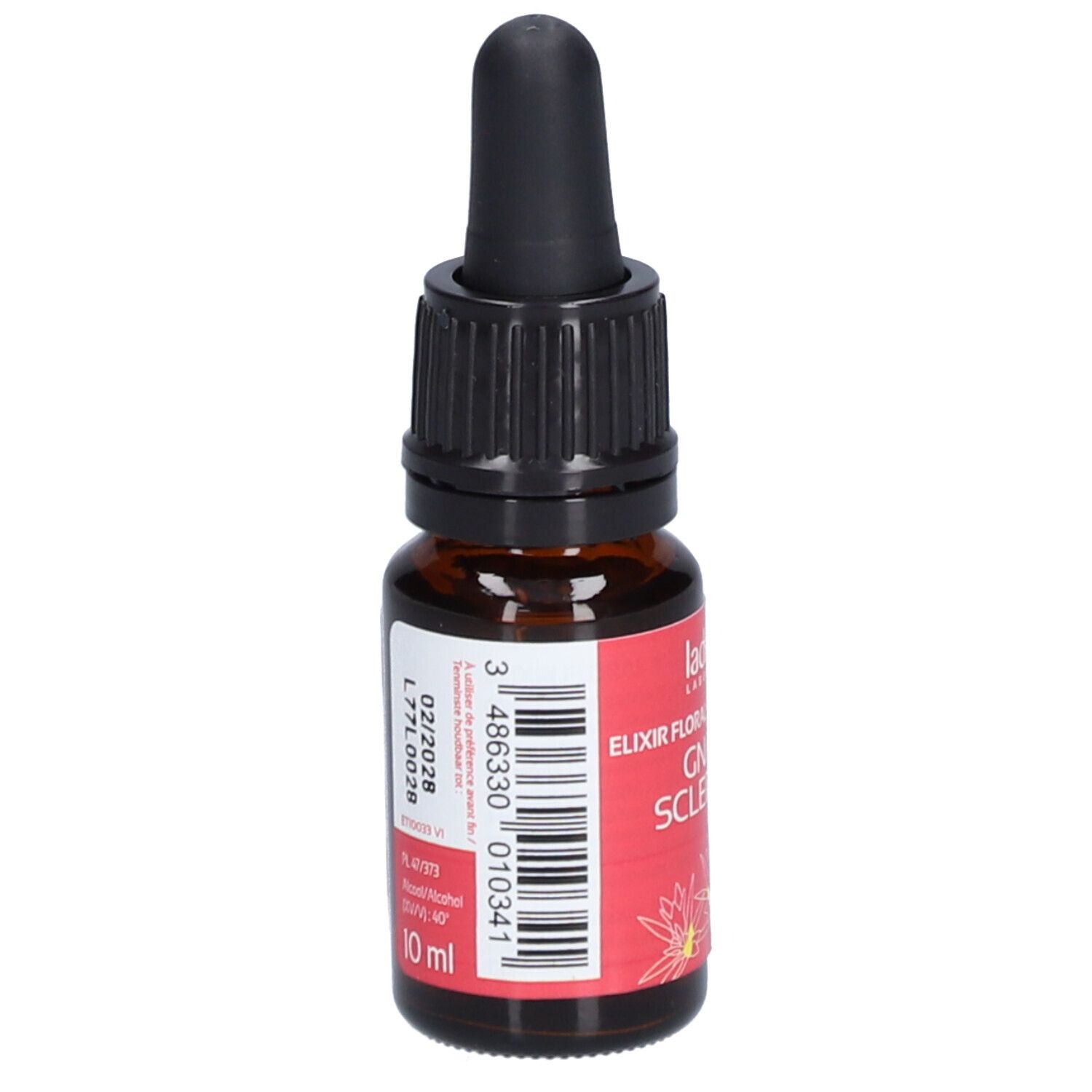 Flacon en verre brun avec compte-gouttes noir. Étiquette rouge avec texte blanc : Gnavelle Scleranthus, 28 Bach. Marque : Ladrôme. Code-barres et 10 ml.