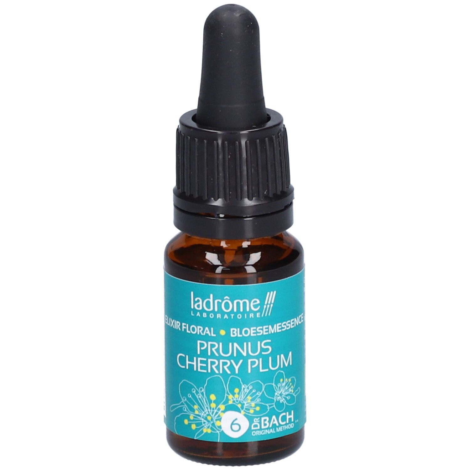 Flacon en verre brun avec compte-gouttes noir. Étiquette turquoise avec nom du produit et logo.