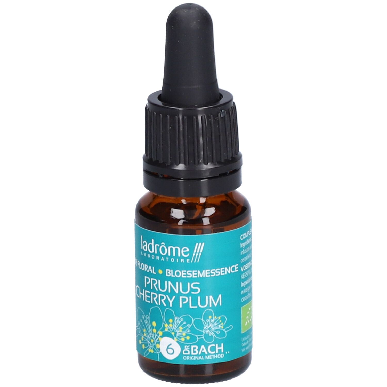 Flacon en verre brun avec compte-gouttes noir. Étiquette turquoise avec nom du produit et logo.