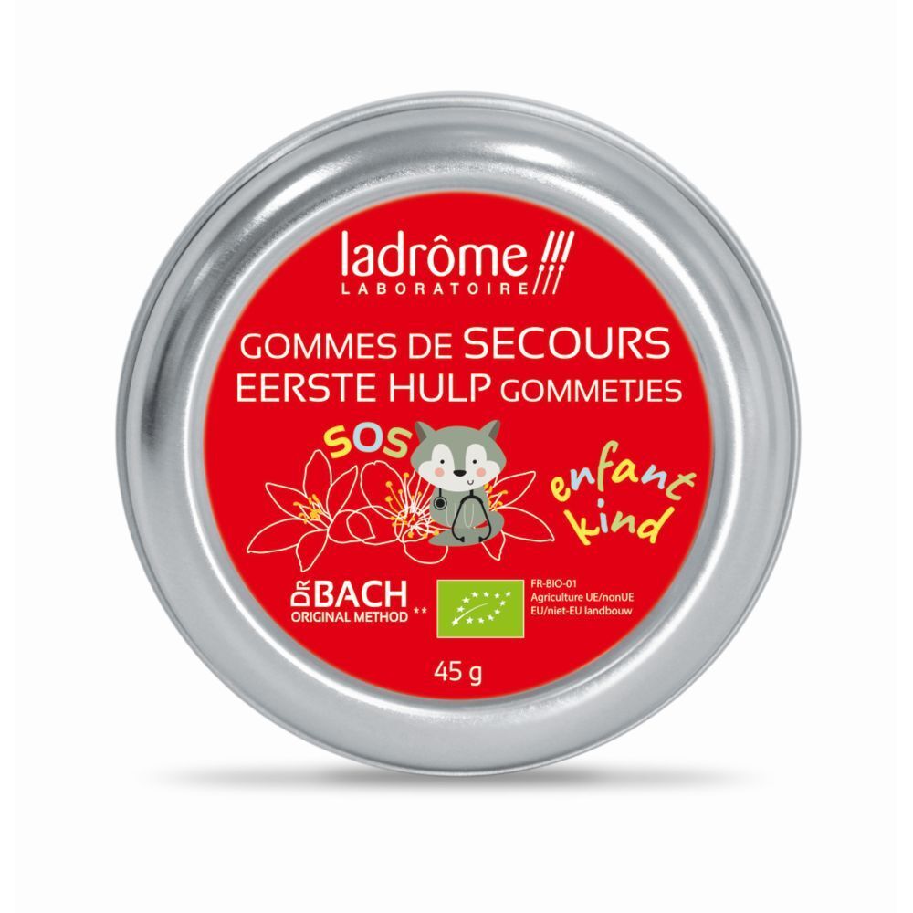 Boîte ronde rouge. Inscription: Ladrôme, Gommes de Secours, SOS, enfant. Label bio, 45 g.