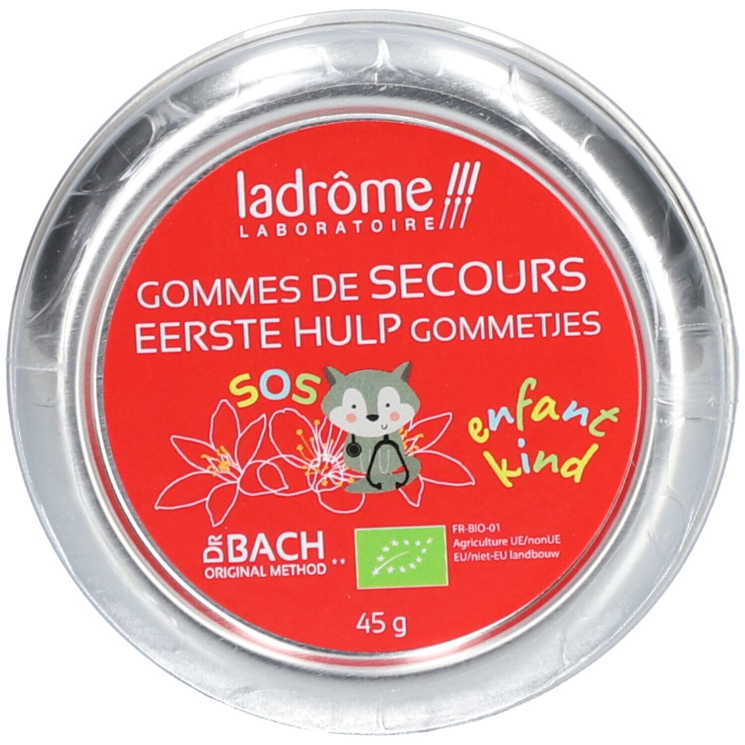 Boîte ronde rouge. Inscription: Ladrôme, Gommes de Secours, SOS, enfant. Label bio, 45 g.