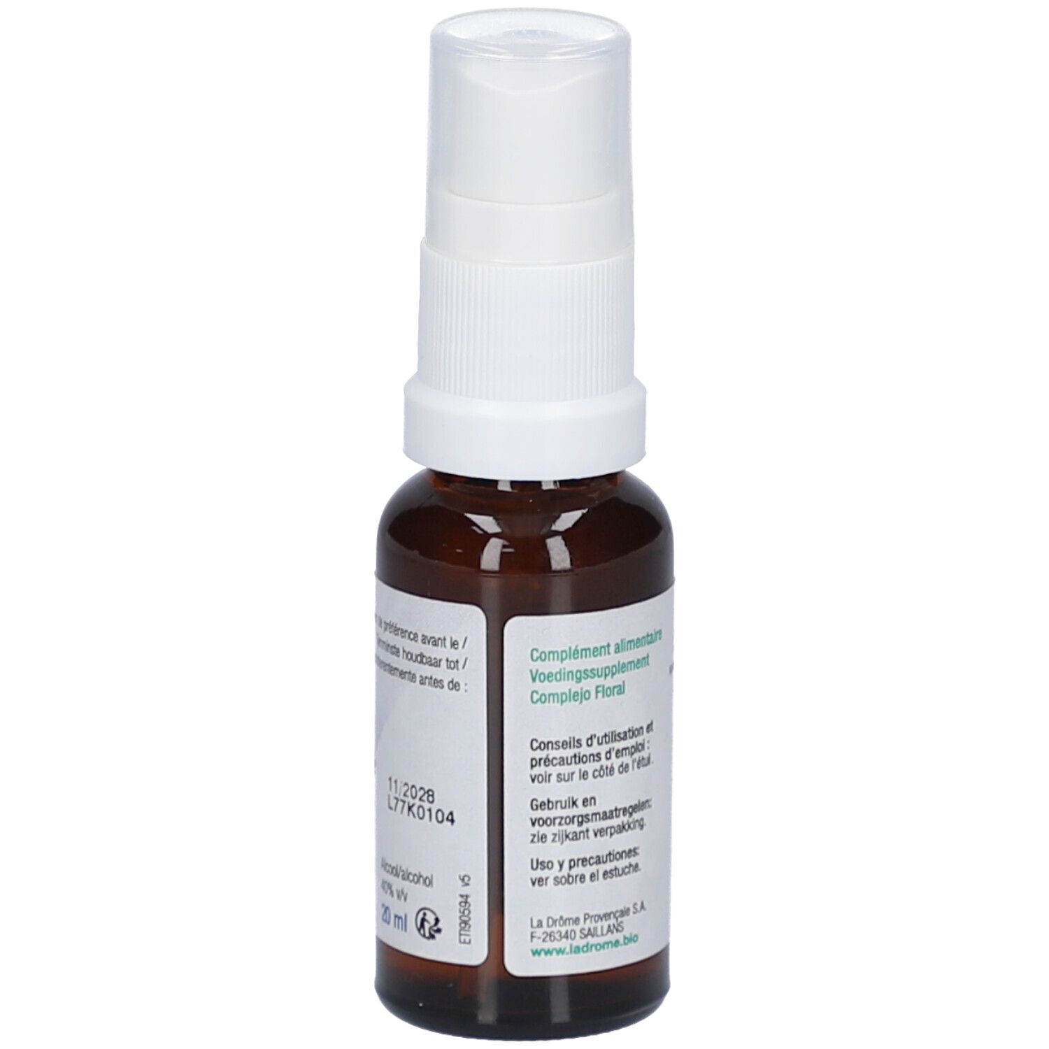 Flacon en verre brun avec vaporisateur blanc. Étiquette avec texte et logo. Certification bio. Nom du produit: Concentration.