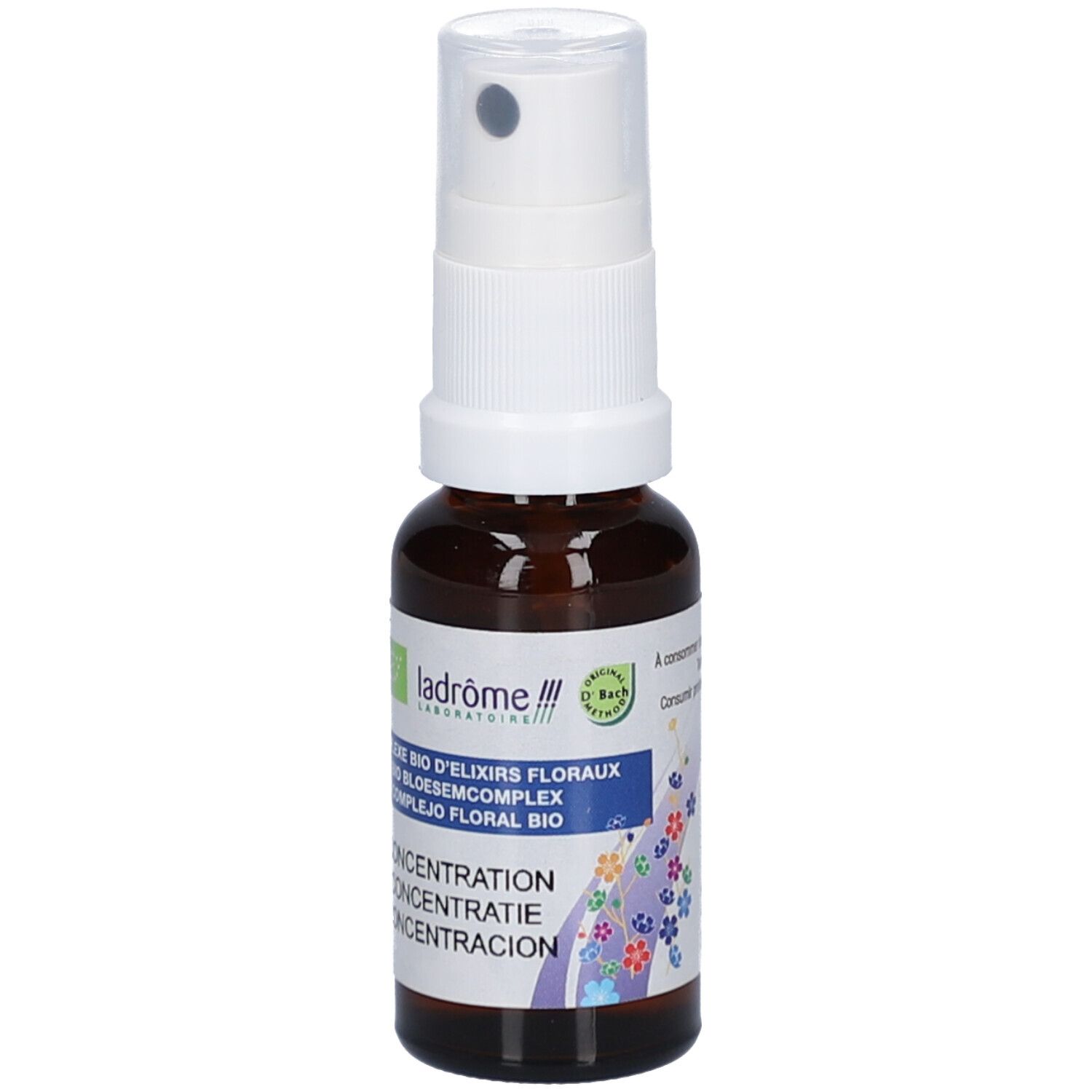 Flacon en verre brun avec vaporisateur blanc. Étiquette avec texte et logo. Certification bio. Nom du produit: Concentration.