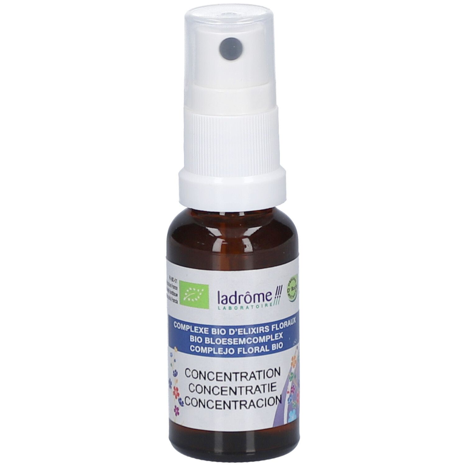 Flacon en verre brun avec vaporisateur blanc. Étiquette avec texte et logo. Certification bio. Nom du produit: Concentration.