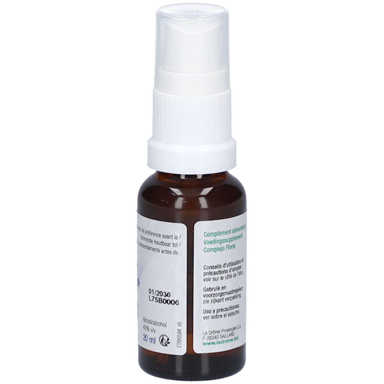 Bruine glazen fles met witte spraykop. Opschrift: Complexe Bio d'Elixirs Floraux, Sérénité, Ontspanning, Relajante. Bio-keurmerk.