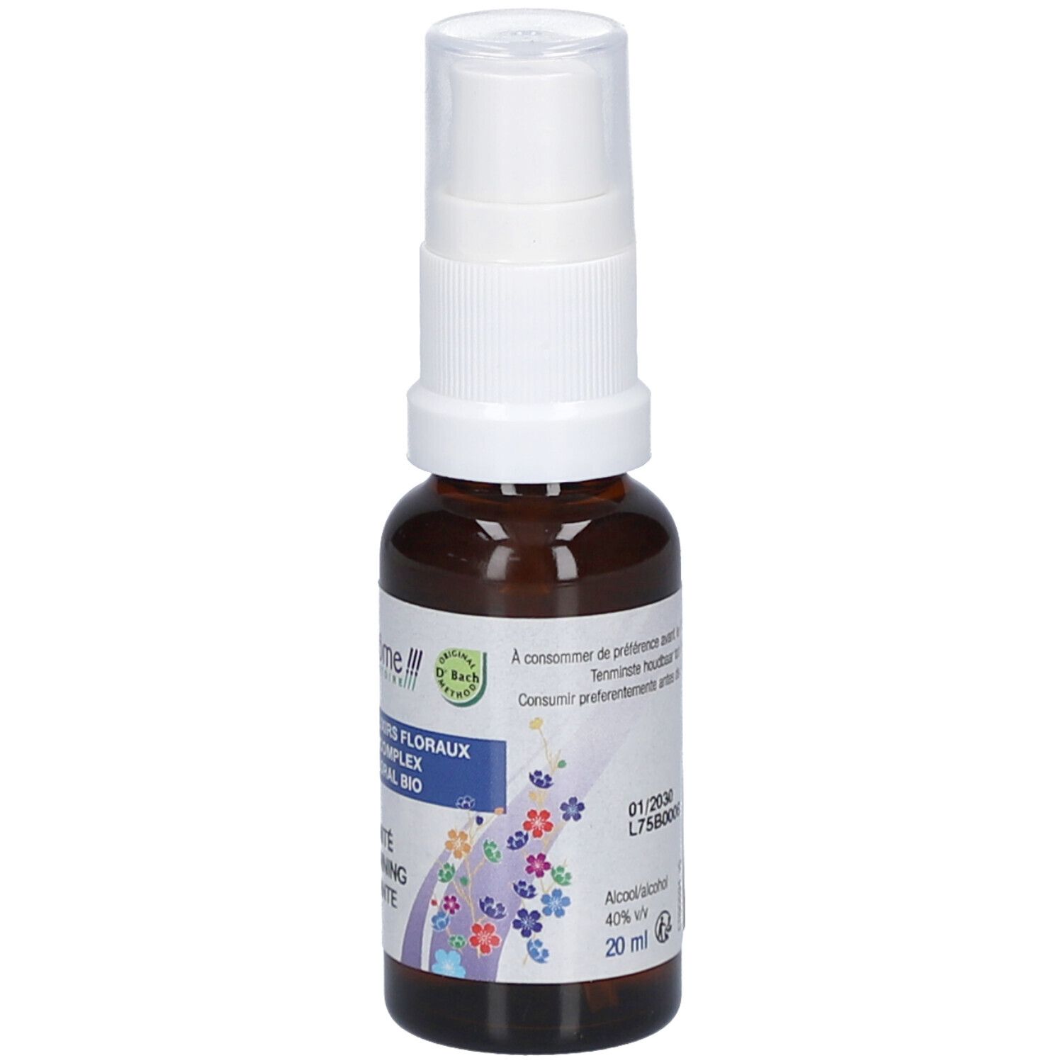 Bruine glazen fles met witte spraykop. Opschrift: Complexe Bio d'Elixirs Floraux, Sérénité, Ontspanning, Relajante. Bio-keurmerk.