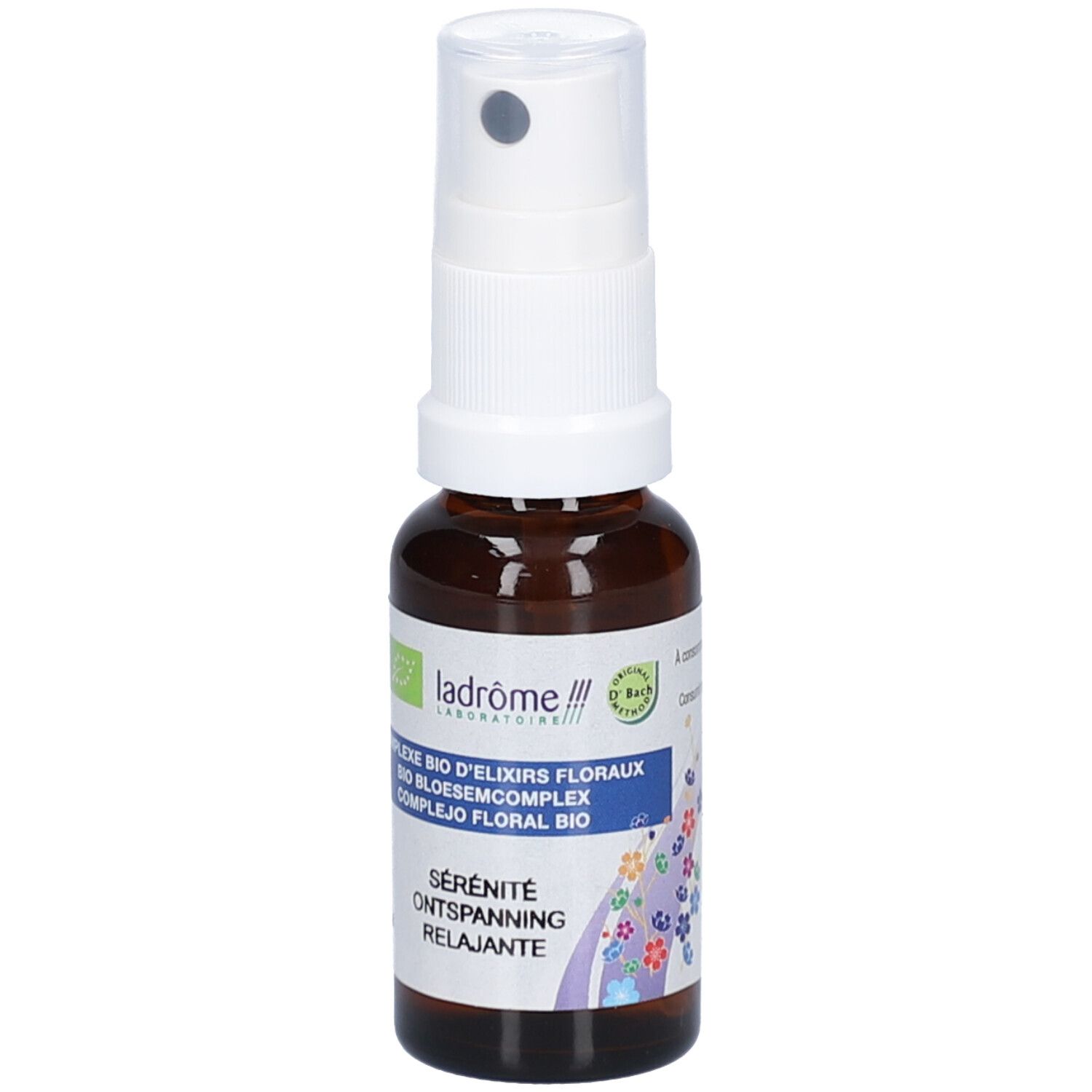 Bruine glazen fles met witte spraykop. Opschrift: Complexe Bio d'Elixirs Floraux, Sérénité, Ontspanning, Relajante. Bio-keurmerk.