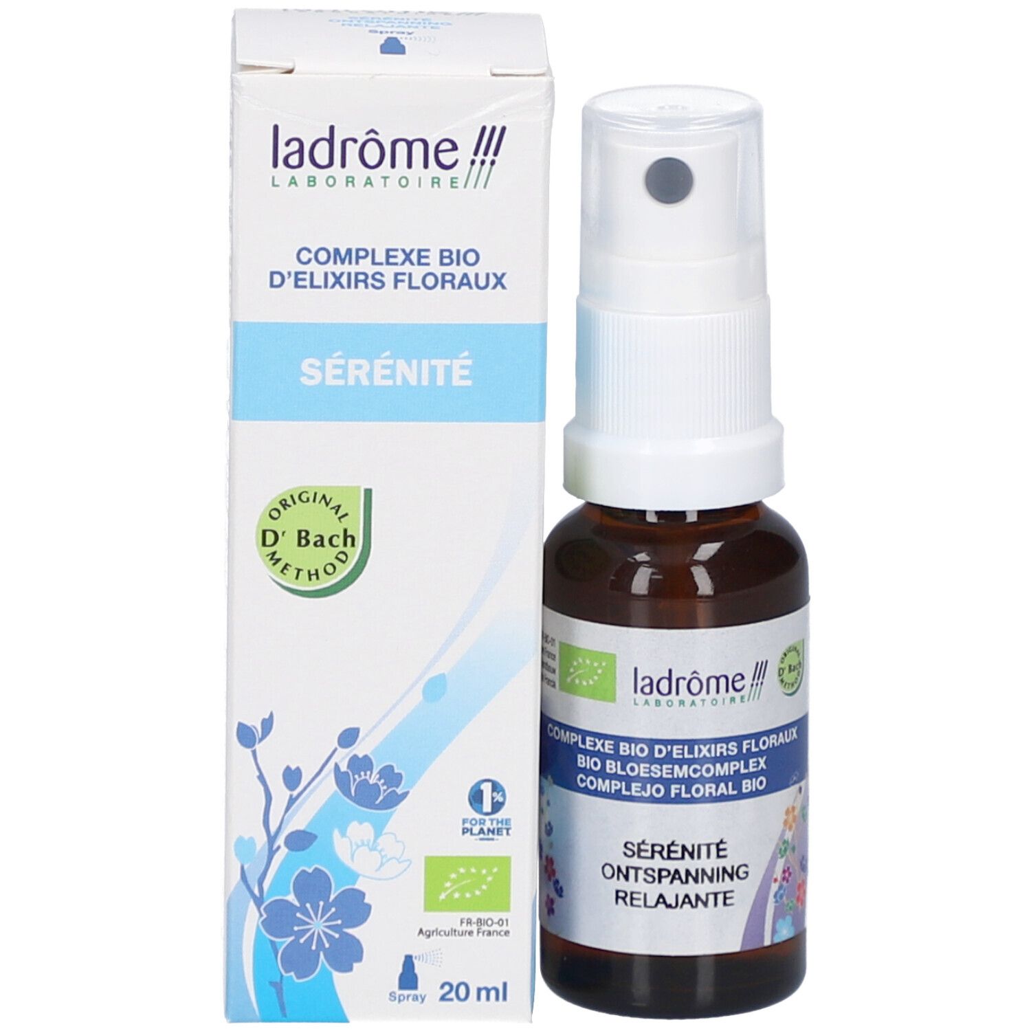 Productfles met verpakking. Opschrift: Ladrome, Complexe Bio d'Elixirs Floraux, Sérénité. Original D'Bach Methode. Bio-keurmerk.