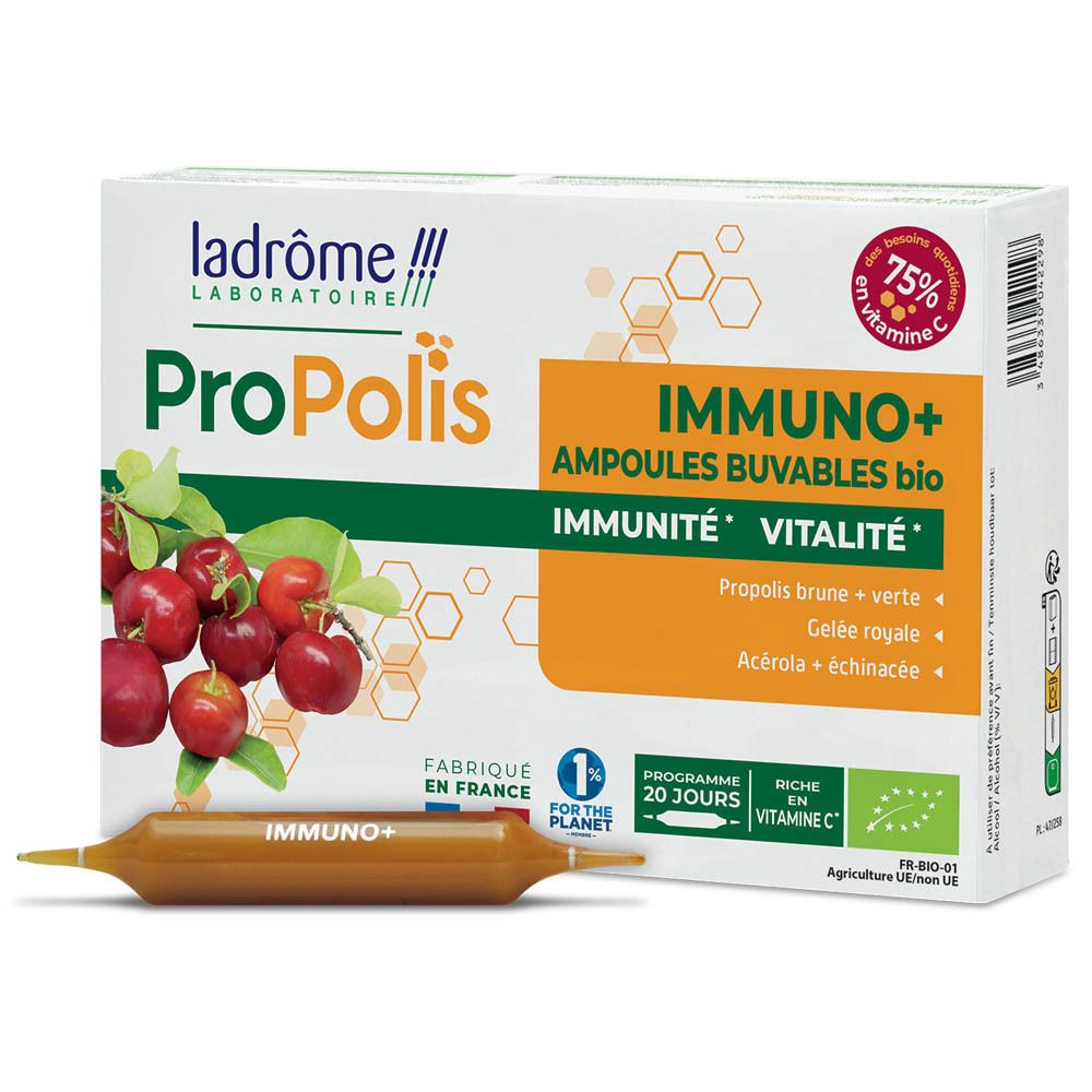 Boîte de Ladrôme ProPolis Immuno+ avec ampoules. Contient des ampoules buvables bio, vitamine C, propolis et échinacée.