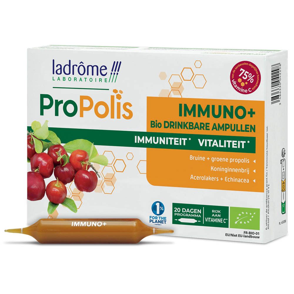 Doos Ladrôme ProPolis Immuno+ met ampullen. Bevat bio drinkbare ampullen, vitamine C, propolis en echinacea.