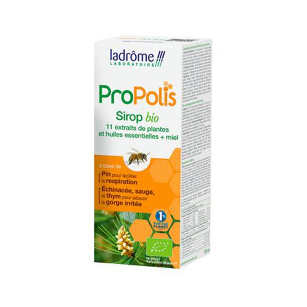 Verpakking. Wit, groen en geel. Bio-keurmerk. Tekst: Propolis Siro bio, 11 Extrait de plantes.