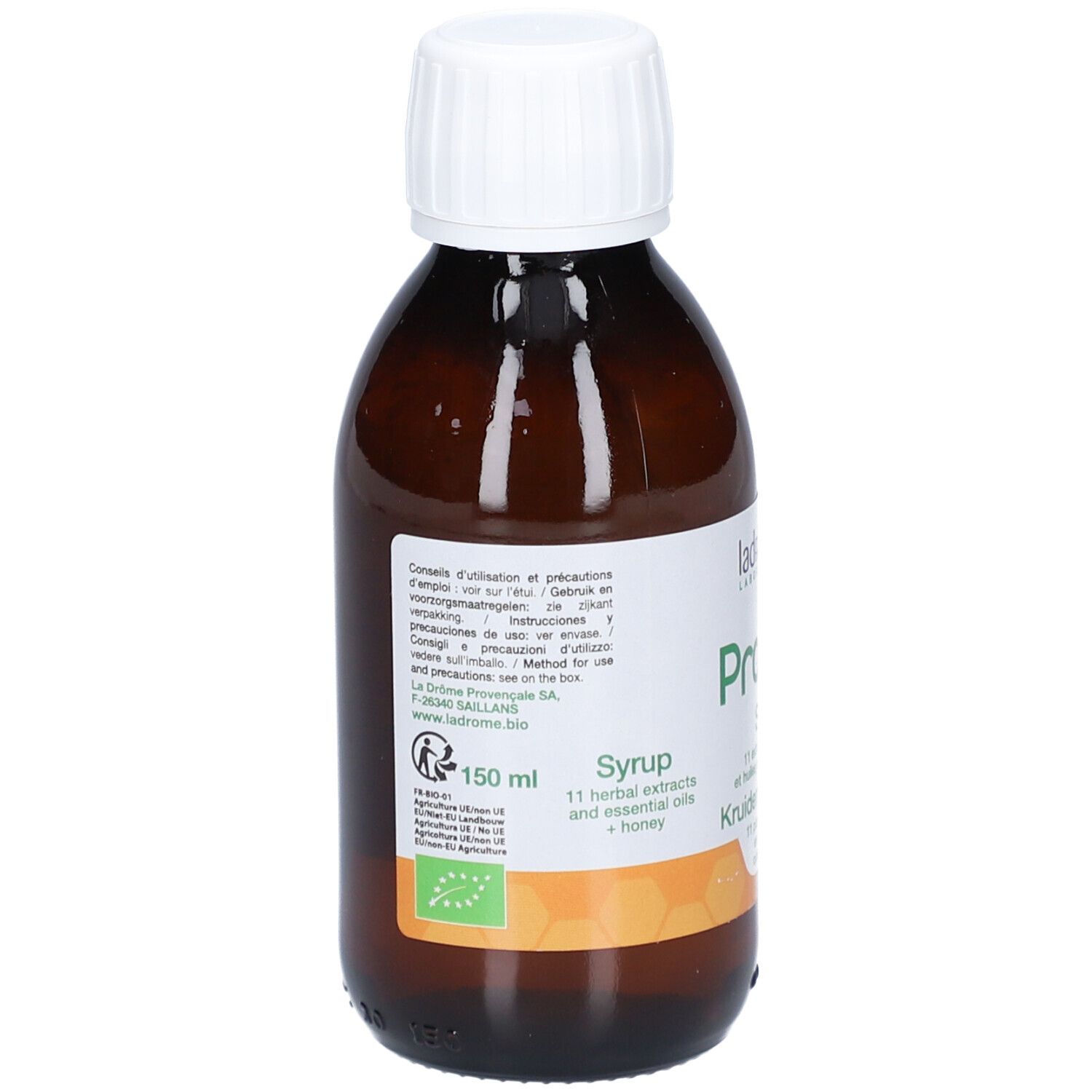 Bruine glazen fles met witte dop. Etiket met productinfo en bio-keurmerk. 150 ml.