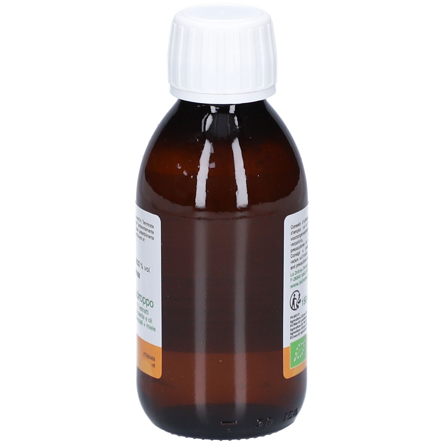 Bruine glazen fles met witte dop. Etiket met productinfo en bio-keurmerk.