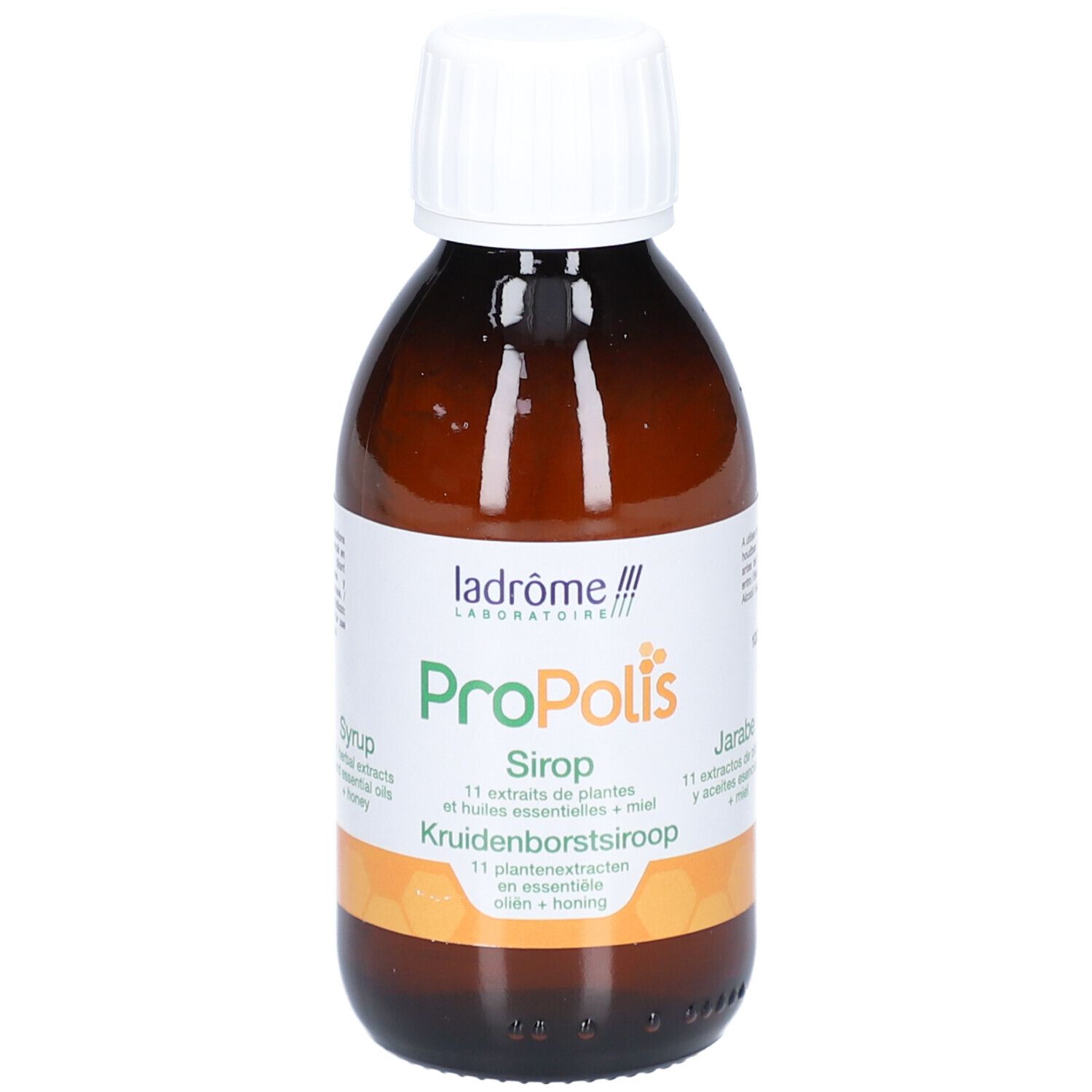 Bruine glazen fles met witte dop. Etiket met productnaam en ingrediënten. Opschrift: Kruidenborstsiroop.