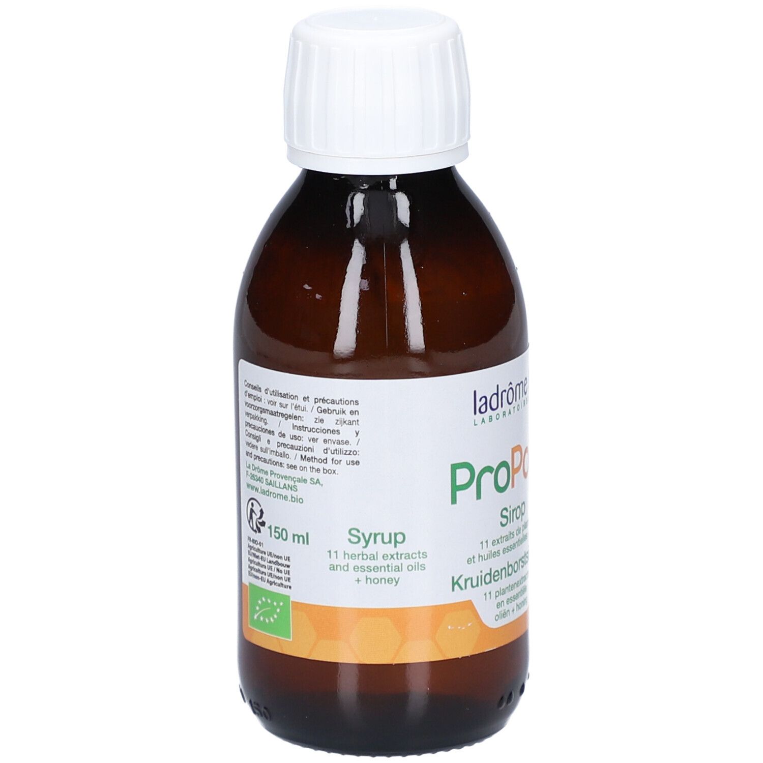 Bruine glazen fles met witte dop. Etiket met productinfo en bio-keurmerk. 150 ml.