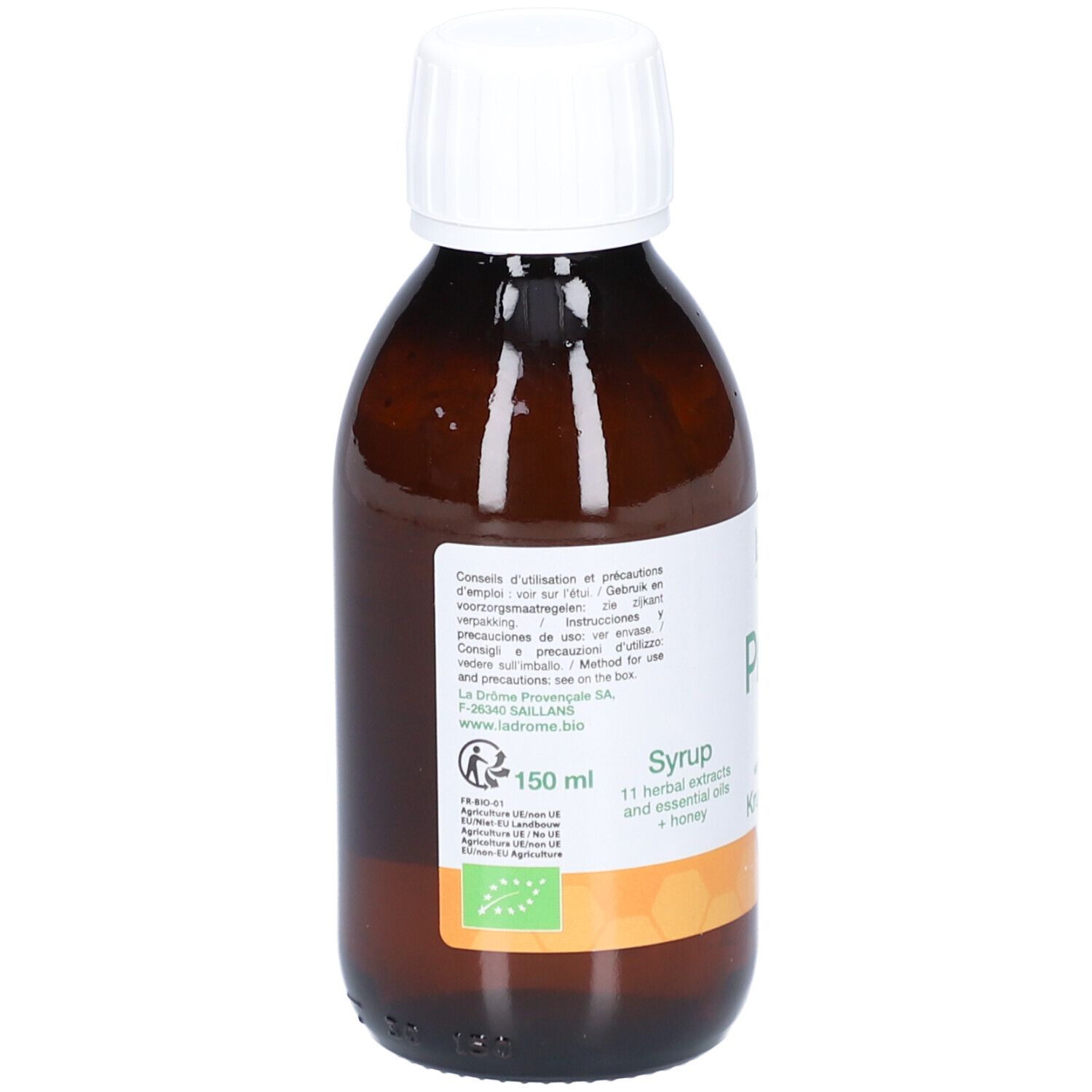 Bruine glazen fles met witte dop. Etiket met productinfo en bio-keurmerk. 150 ml.