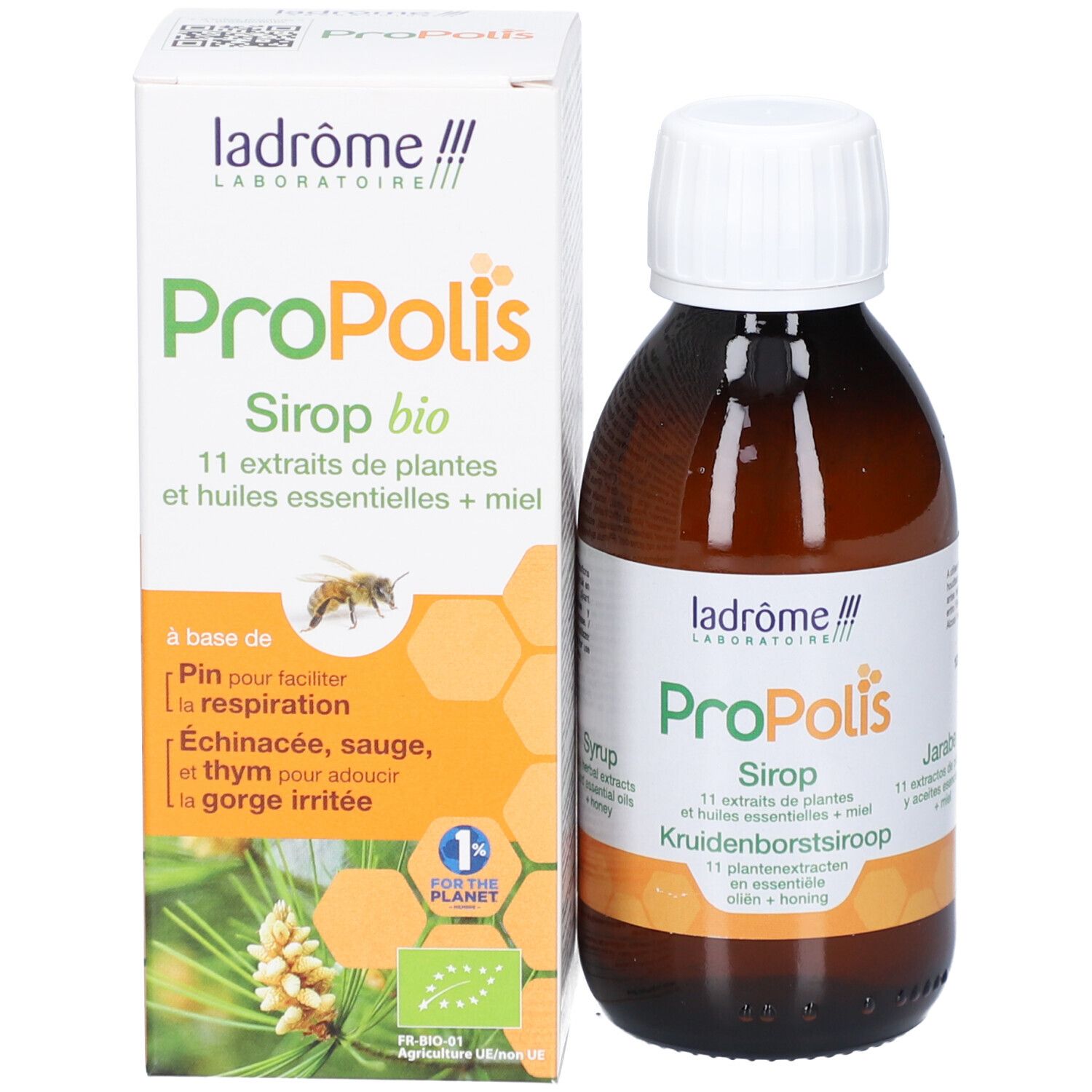 Productfles en verpakking. Fles bruin, witte dop. Verpakking wit, groen en geel. Bio-keurmerk.