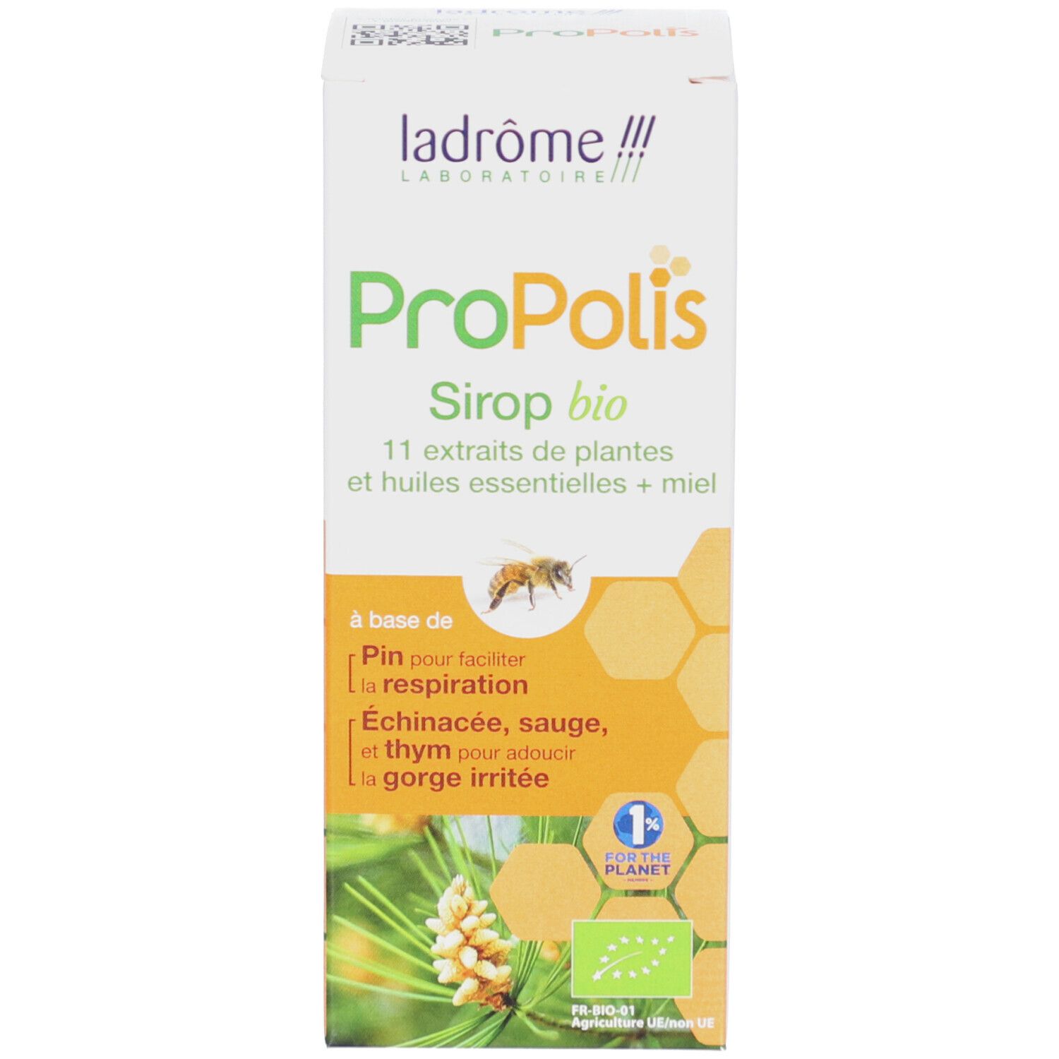 Verpakking. Wit, groen en geel. Bio-keurmerk. Tekst: Propolis Siro bio, 11 Extrait de plantes.