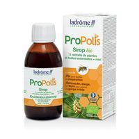 Productfles en verpakking. Fles bruin, witte dop. Verpakking wit, groen en geel. Bio-keurmerk.