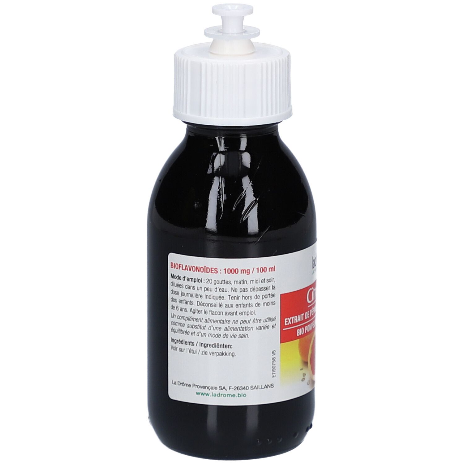 Donkere glazen fles met witte doseerdop. Etiket met productinformatie, waaronder bioflavonoïden 1000 mg/100 ml.