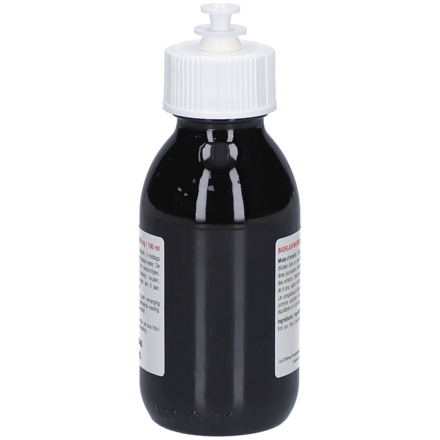 Donkere glazen fles met witte doseerdop. Etiket met productinformatie, tekst in meerdere talen.