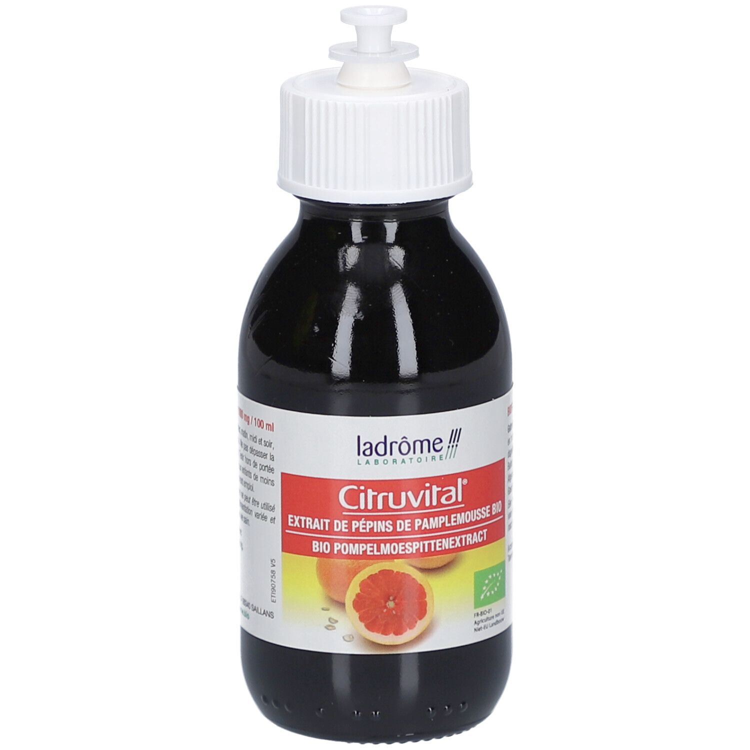 Donkere glazen fles met witte doseerdop. Etiket met productnaam Citruvital, grapefruit afbeelding en bio-certificering.