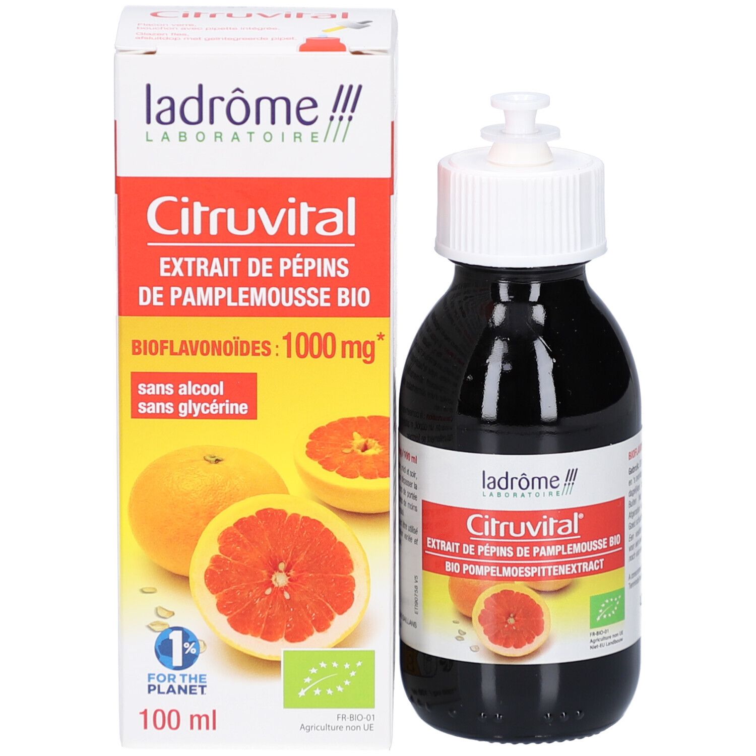 Productverpakking en fles. Doos met productnaam Citruvital, grapefruit afbeelding en bio-certificering. Fles ernaast.
