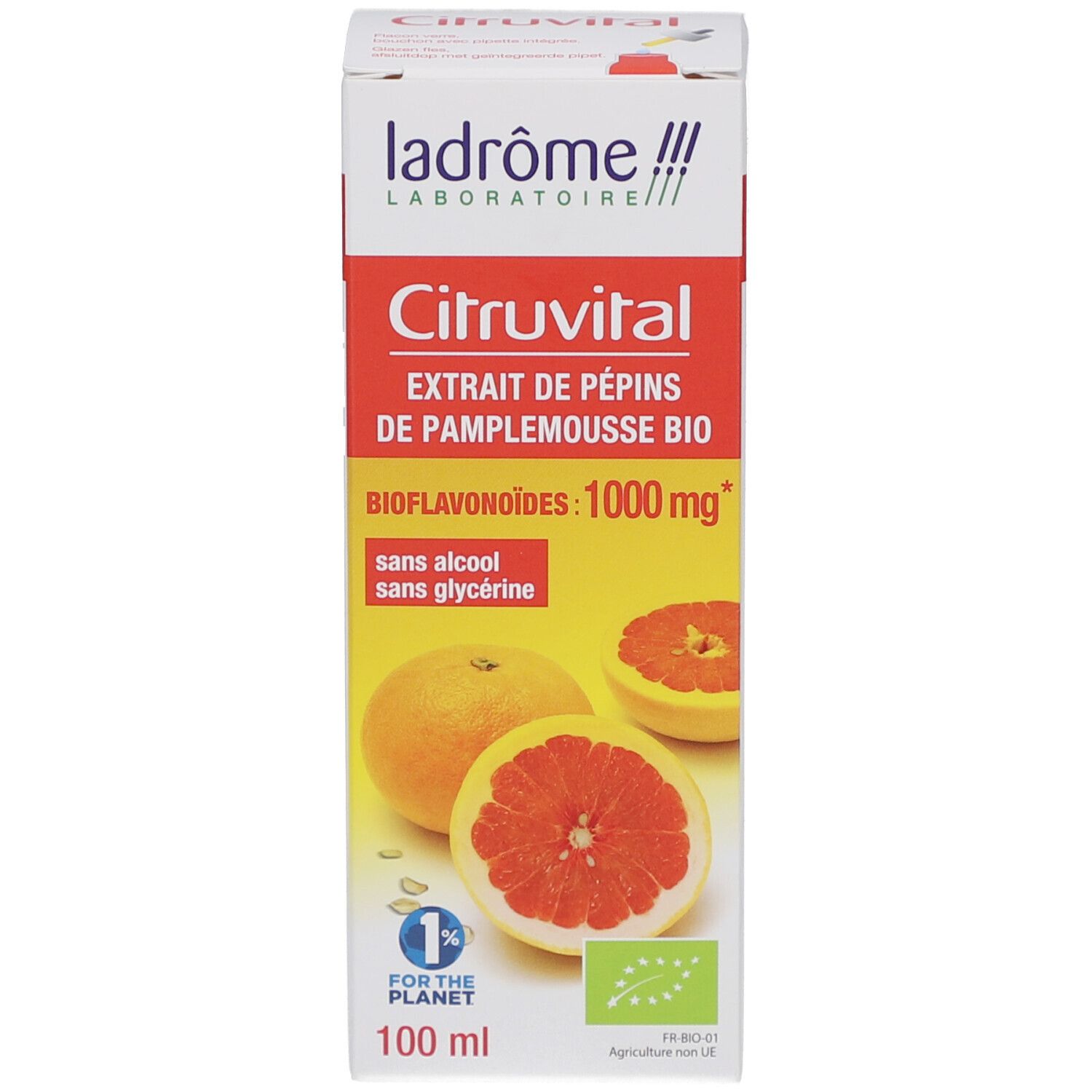Productverpakking. Doos met productnaam Citruvital, grapefruit afbeelding, bio-certificering en volumeaanduiding 100 ml.
