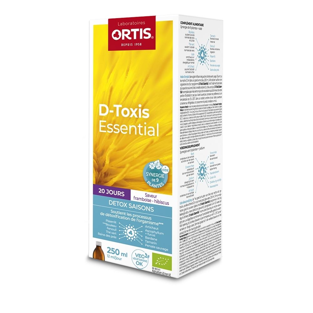 Emballage Ortis D-Toxis Essential Detox Saisons, face avant avec nom du produit et design.