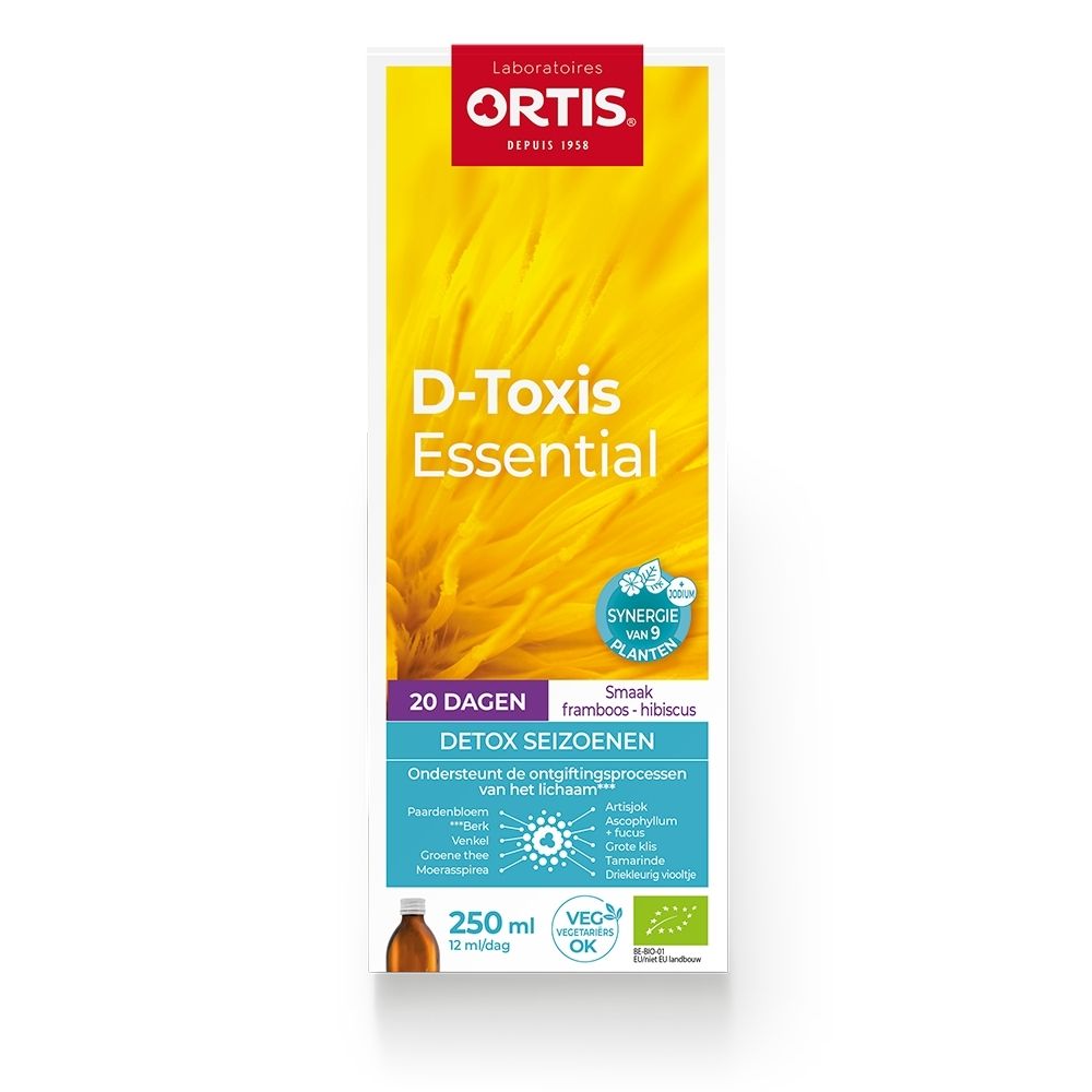Ortis D-Toxis Essential Detox Saisons verpakking, zijkant met productinformatie en logo.