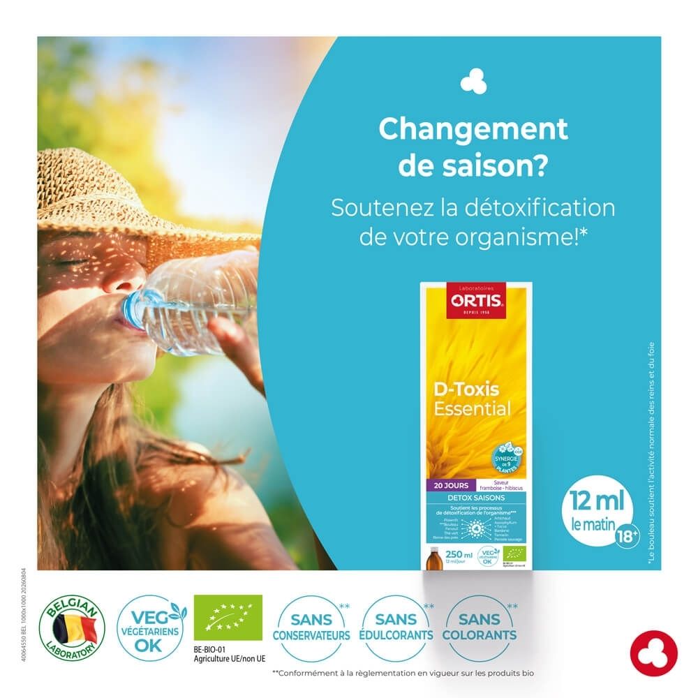 Emballage Ortis D-Toxis Essential Detox Saisons, face avant avec nom du produit et design.
