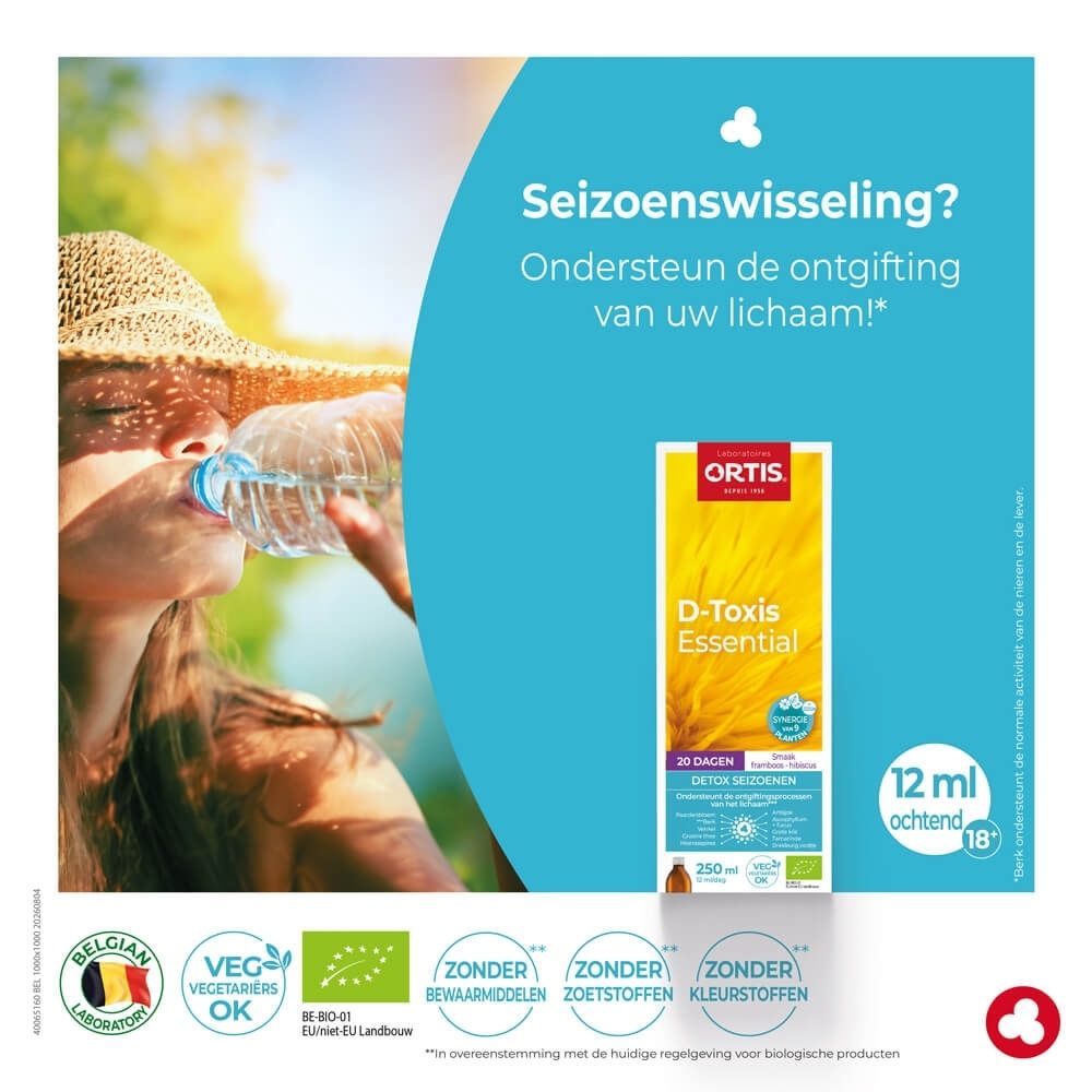 Ortis D-Toxis Essential Detox Saisons verpakking, voorkant met productnaam en design.