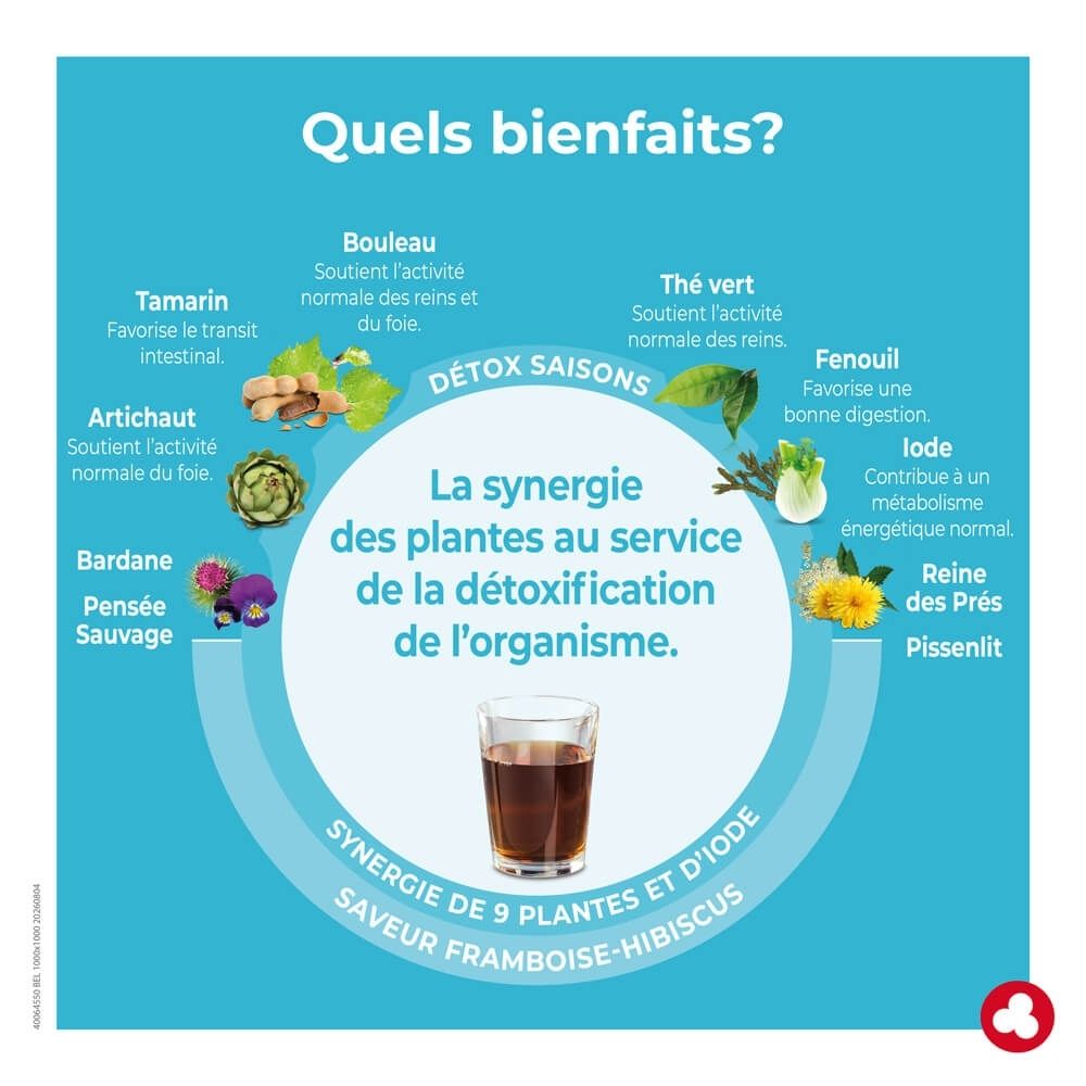 Emballage Ortis D-Toxis Essential Detox Saisons, côté avec informations produit et logo.