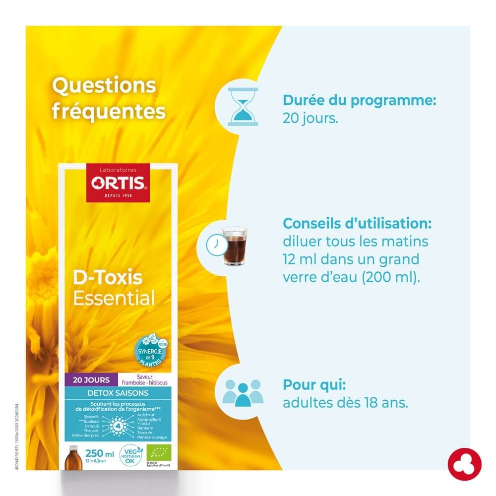 Emballage Ortis D-Toxis Essential Detox Saisons, côté avec informations produit et logo.