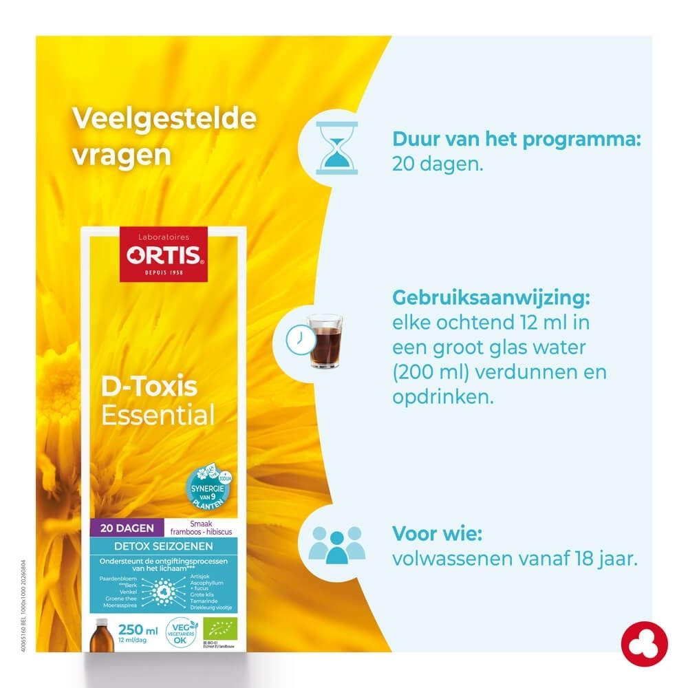 Ortis D-Toxis Essential Detox Saisons verpakking, zijkant met productinformatie en logo.