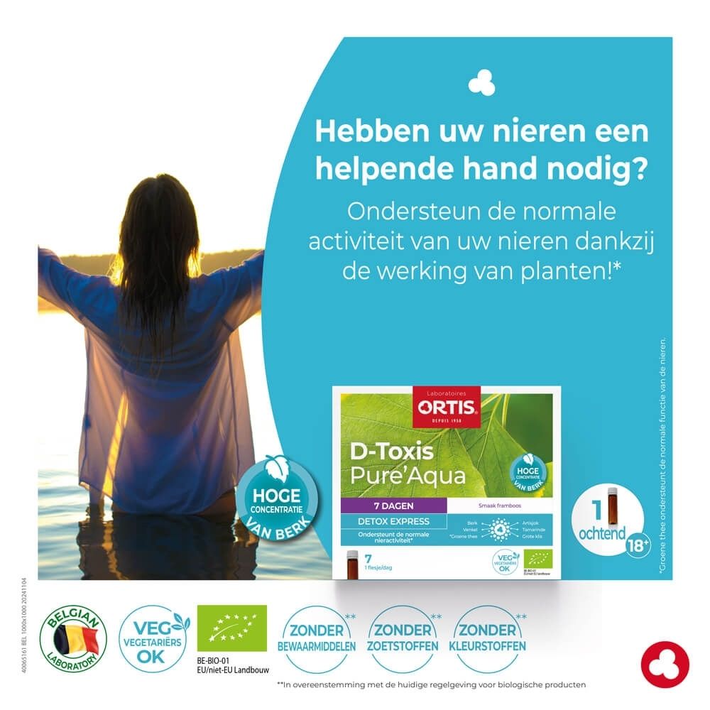 Ortis D-Toxis Pure'Aqua Detox Express: Vrouw in het water, armen gespreid.