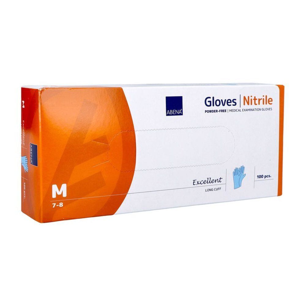 Doos ABENA nitril onderzoekshandschoenen. Oranje-wit ontwerp. Opschrift: Gloves Nitrile, Excellent, 100 stuks, maat M 7-8.
