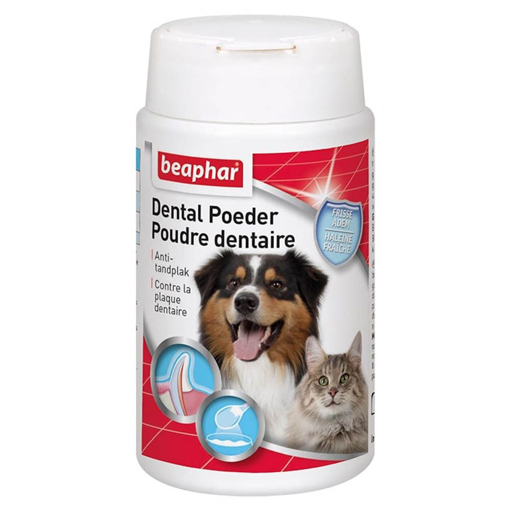 Witte pot met rood etiket. Opschrift: beaphar Dental Poeder. Afbeelding van hond en kat. Anti-tandplak.