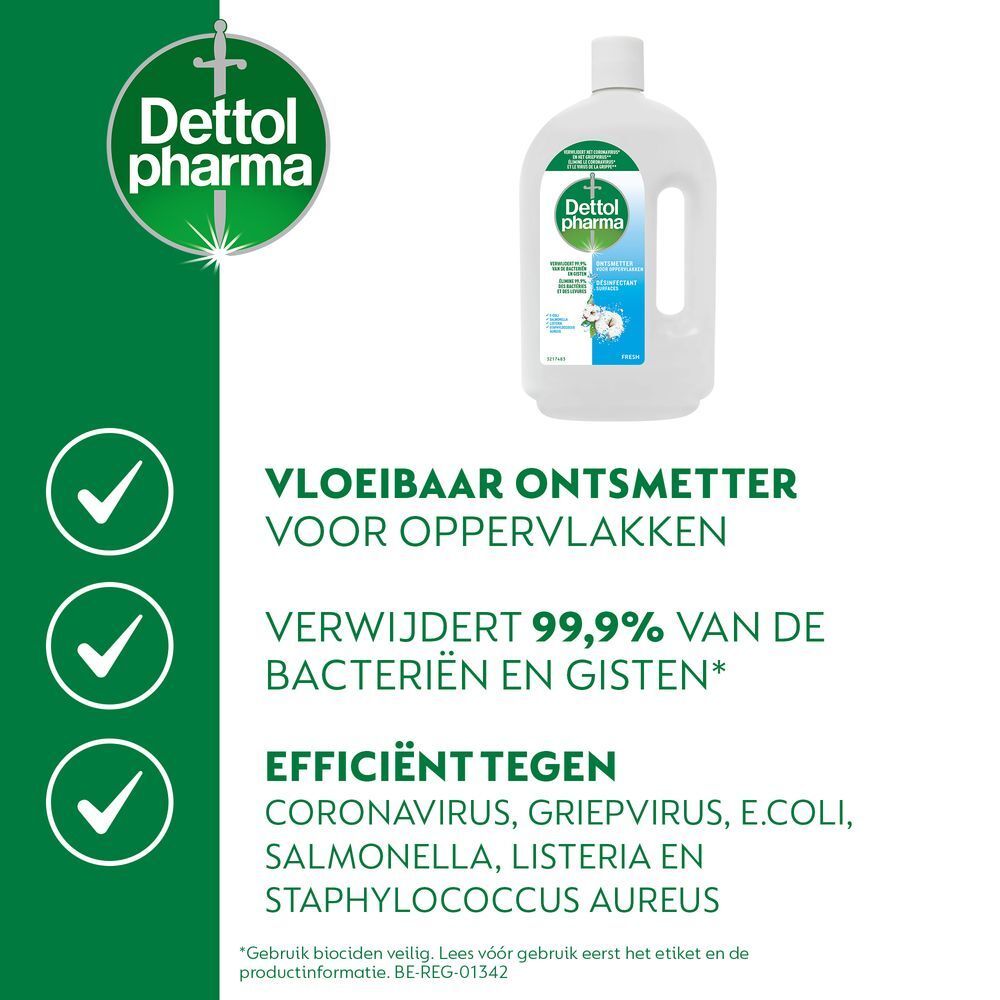 Dettol Pharma product. Vloeibare ontsmetter voor oppervlakken. Informatie over de werking tegen virussen en bacteriën.