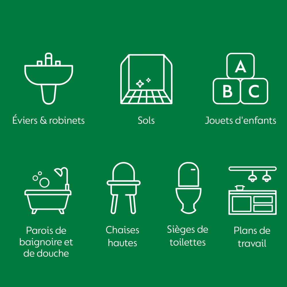 Désinfectant Dettol pharma surfaces: éviers, sols, jouets, baignoires, chaises, toilettes, plans de travail.