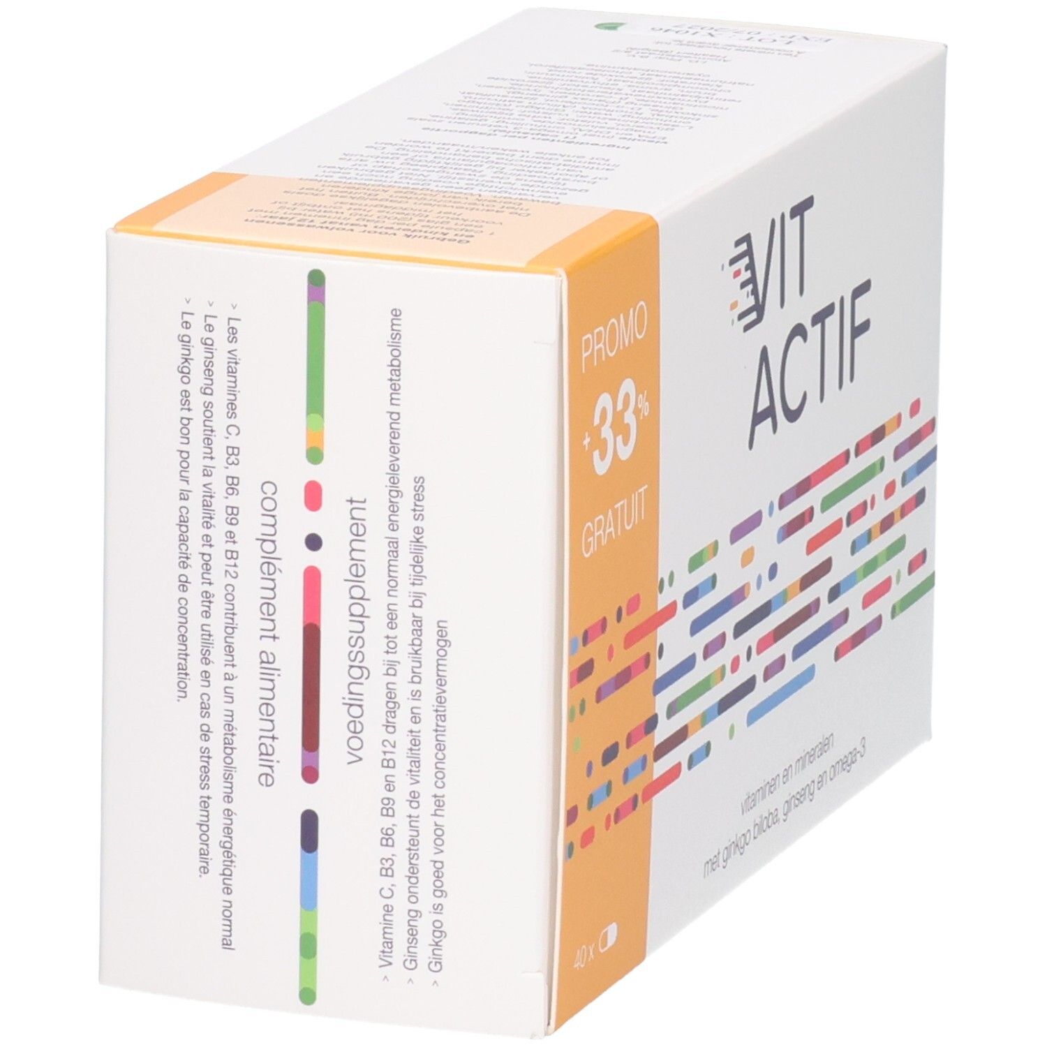 Vit Actif Softgels verpakking, zijkant met informatie over vitamines, mineralen en ginseng.