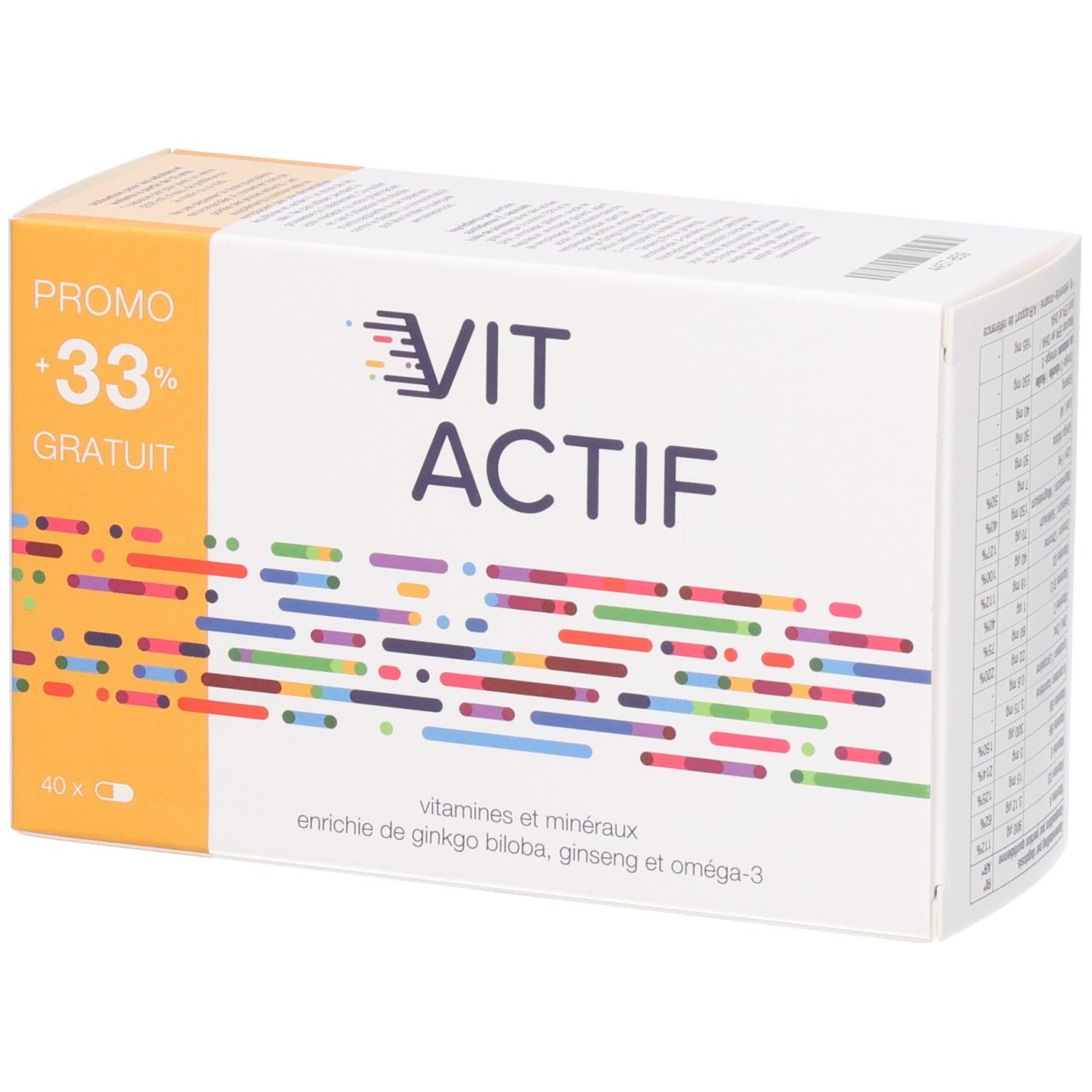 Vit Actif Softgels verpakking met "+33% GRATUIT" en kleurrijk patroon.