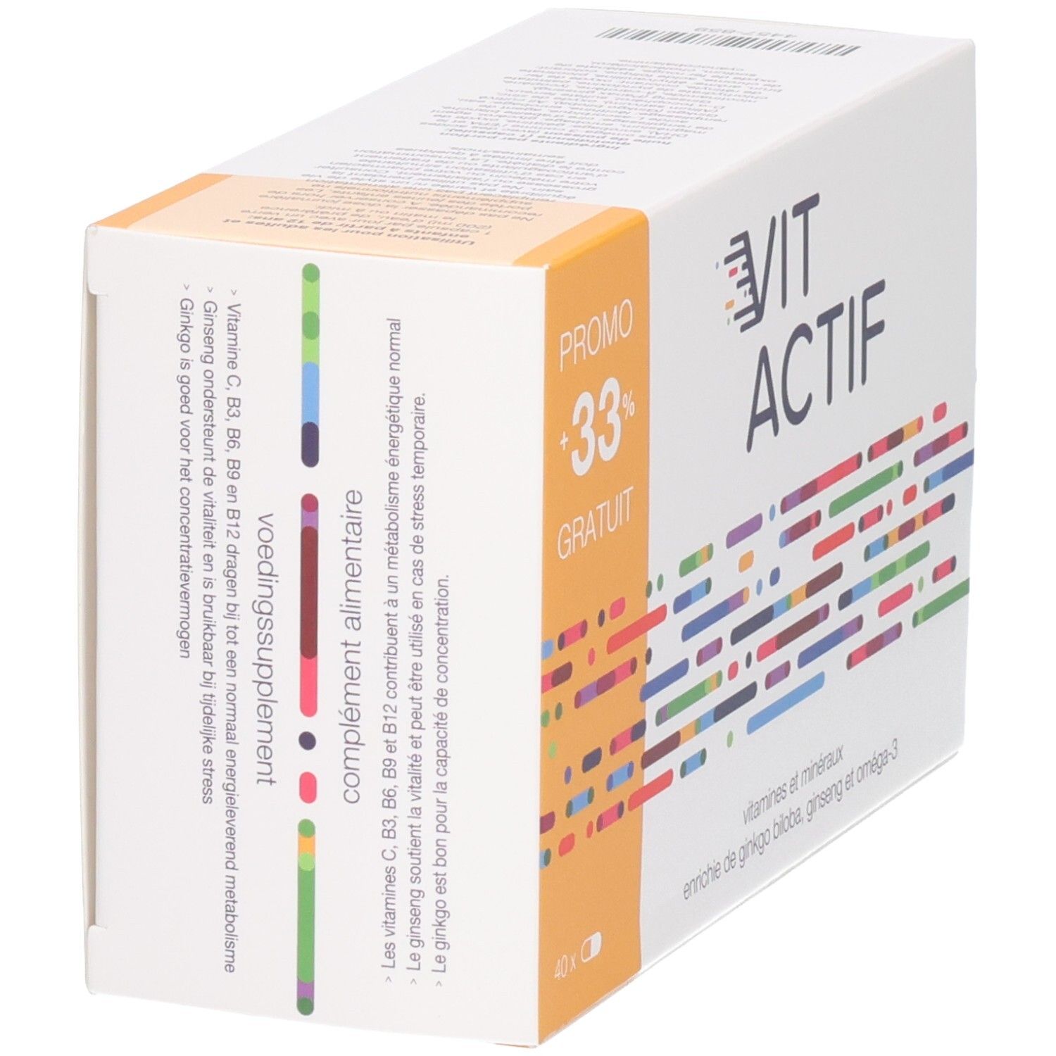 Vit Actif Softgels verpakking, zijkant met informatie over vitamines, mineralen en ginseng.