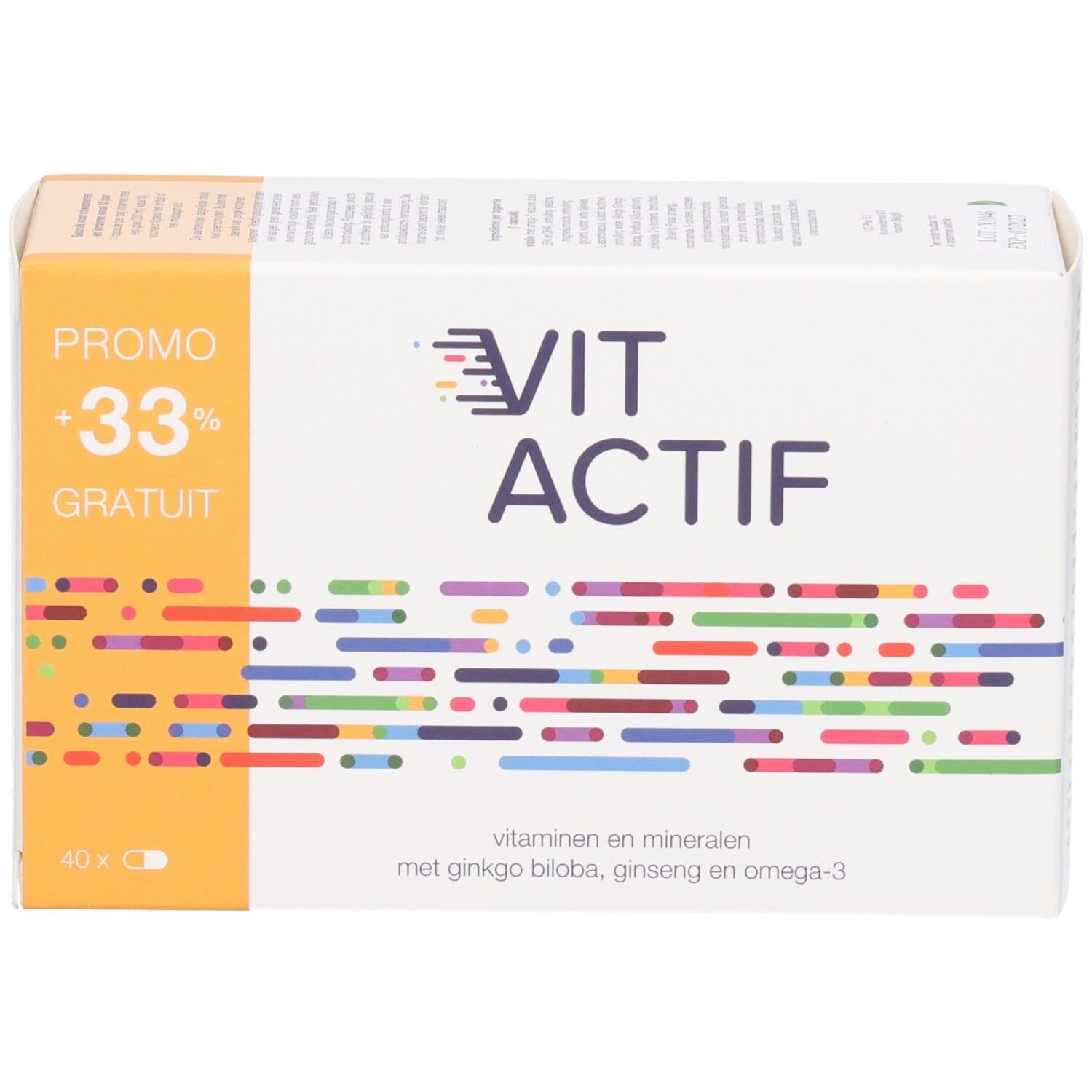 Vit Actif Softgels verpakking met "+33% GRATUIT" en kleurrijk patroon.