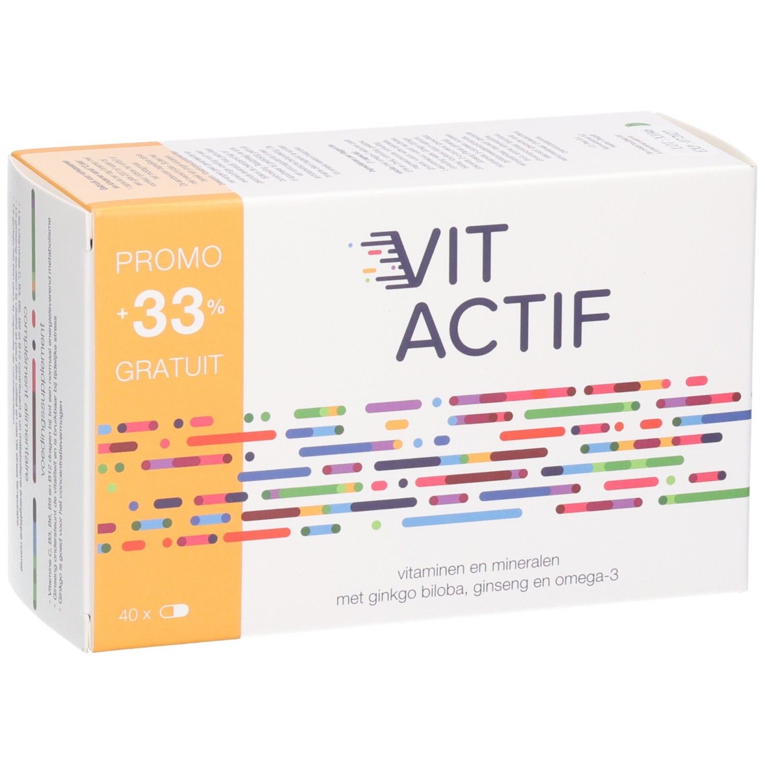 Vit Actif Softgels verpakking met "+33% GRATUIT" en kleurrijk patroon.