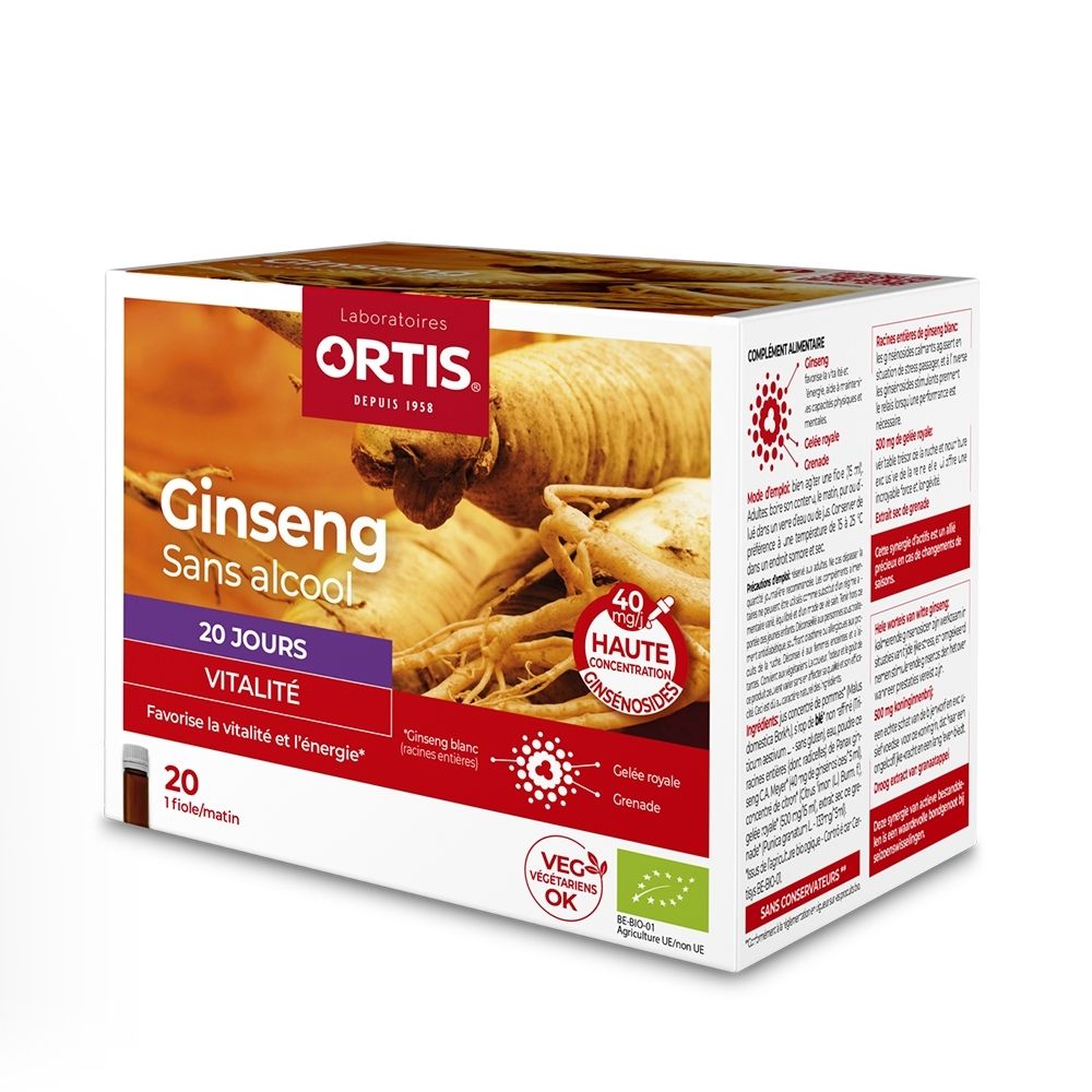 Ortis Ginseng Bio: Boîte de 20 flacons, vitalité, sans alcool.